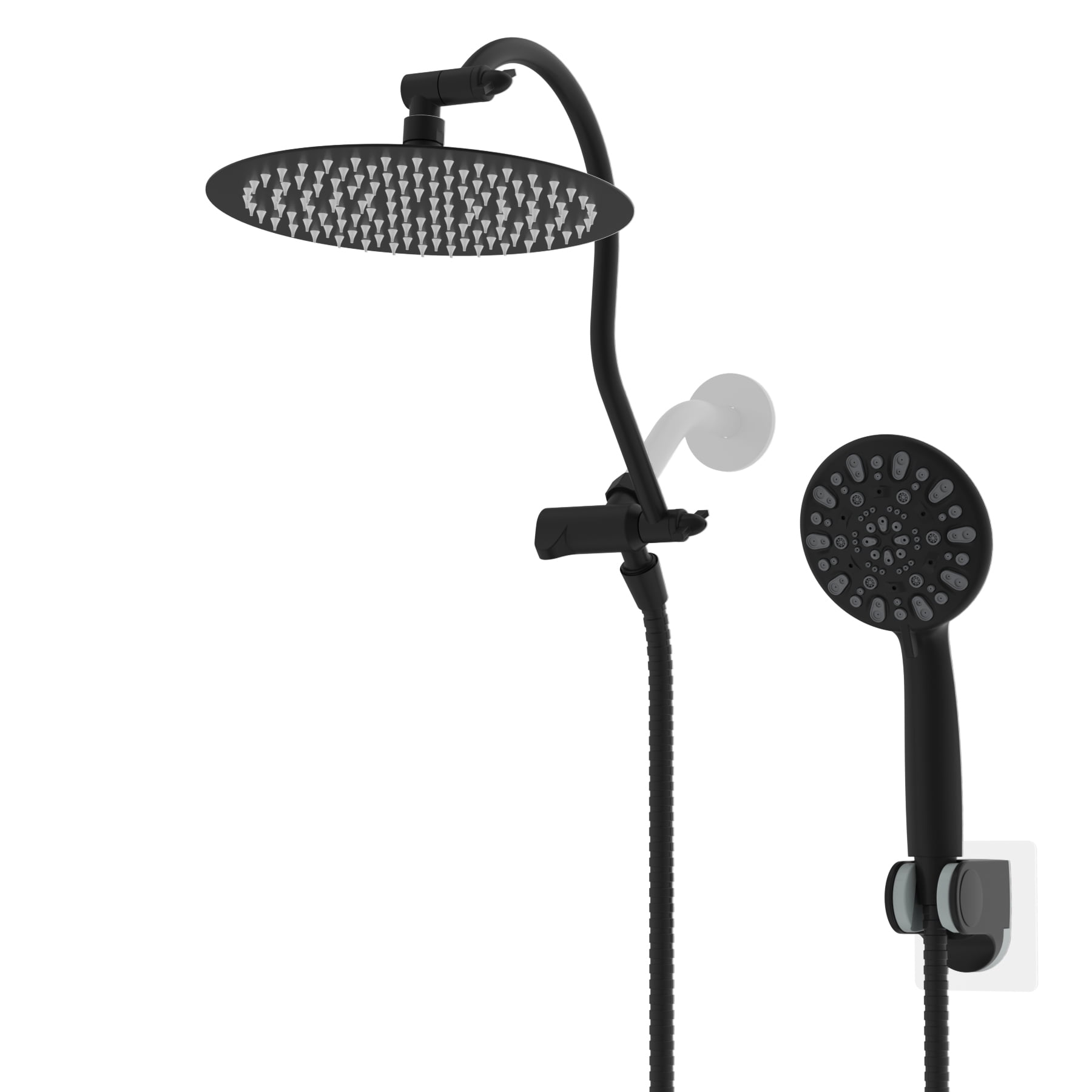 All Metal Shower Head,10 Inch High Pressure Rainfall Shower Head/Handheld Showerhead Combo/ 12 Inch Adjustable Curved Shower Extension Arm,7-Spray,71-inch Hose Adhesive Showerhead Holder,Matte Black
