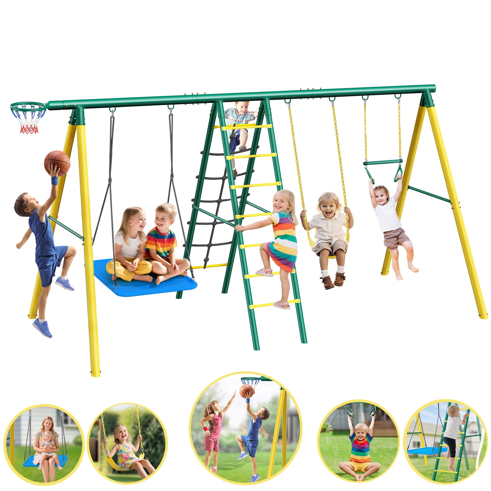 Metal Swing Sets for Backyard,Heavy-Duty Outdoor Kids Playsets for Playground,Outside Toys with 2 Swings,Trapeze Bar and Basketball Hoop for Aged 3-12