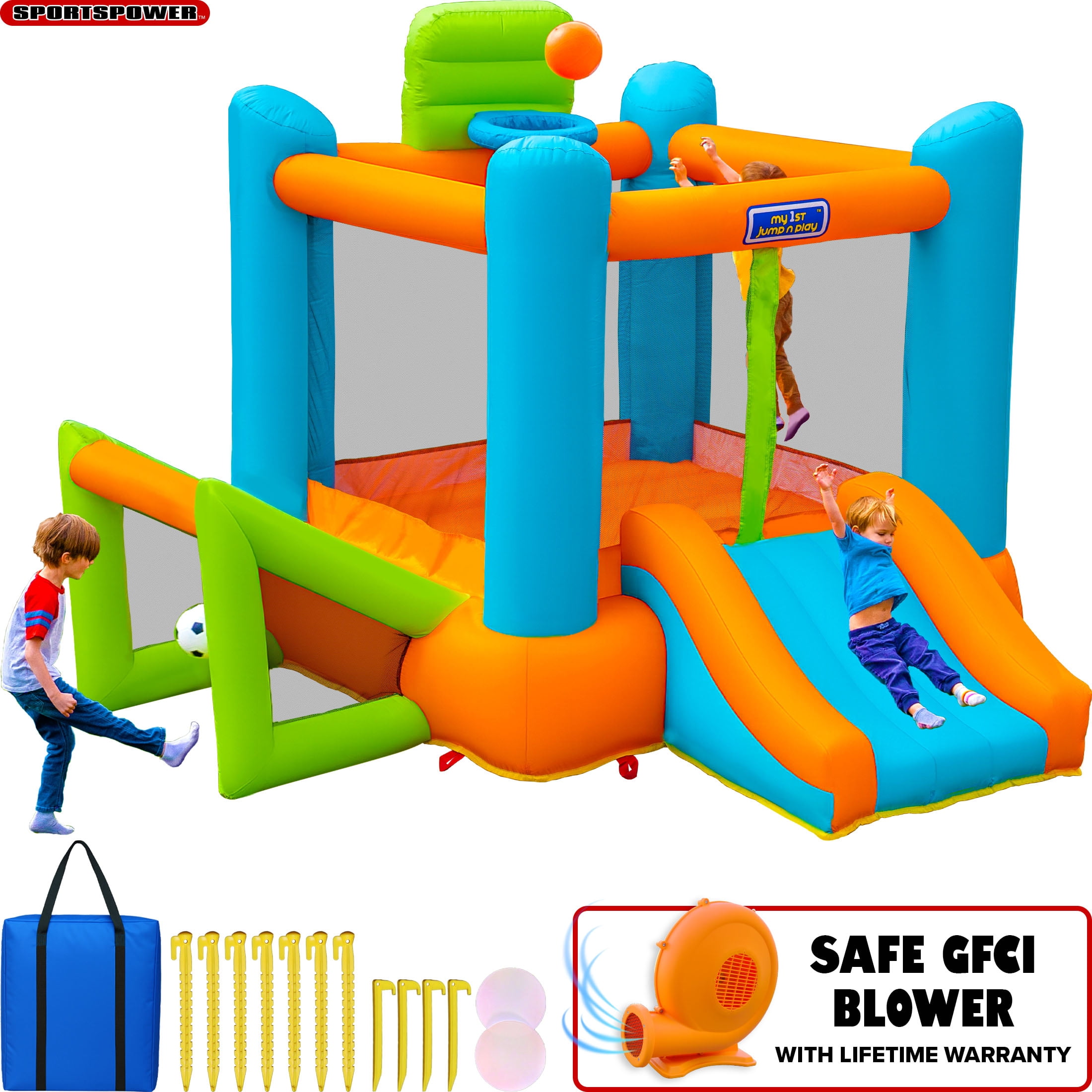 Sportspower My 1st 3-in-1 Bounce House with Blower, Soccer Goal & Basketball Hoop, Indoor/Outdoor Kids Inflatable Bouncer