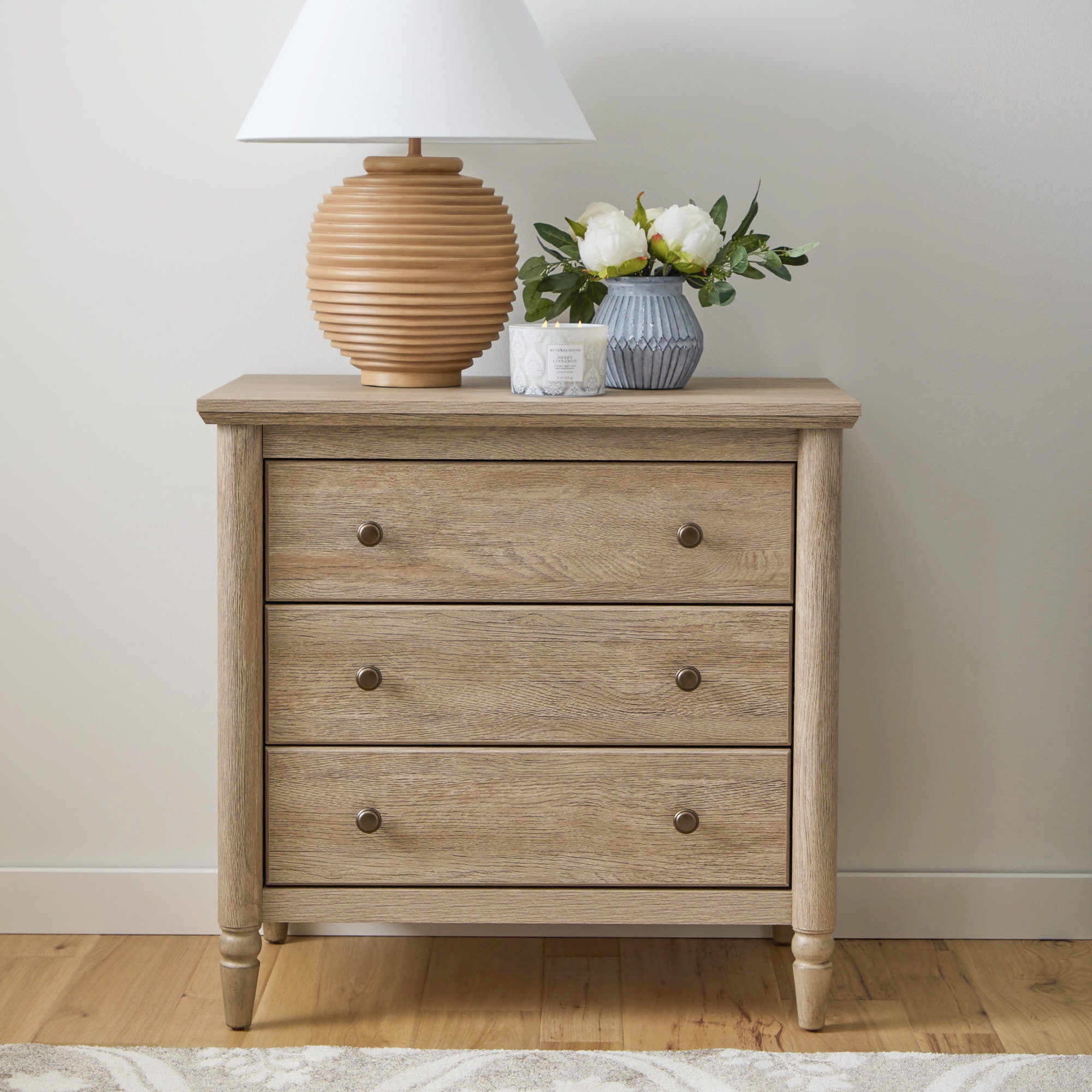 My Texas House Monroe 3 Drawer Nightstand with USB, Brushed Oak Finish