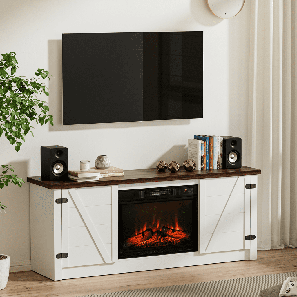 MARNUR Electric Fireplace TV Stand for TVs up to 65", Farmhouse Entertainment Center with 2 Doors, Rustic Wood, White