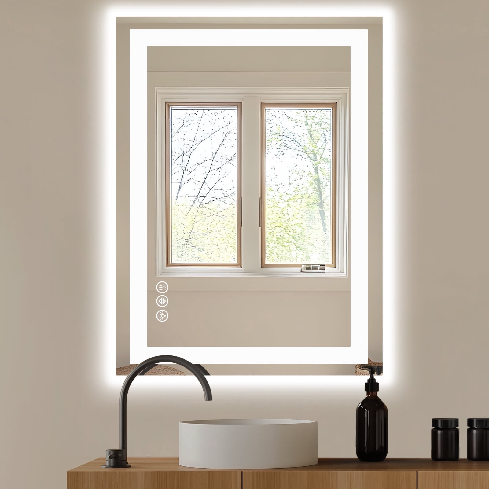 JIOABL LED Bathroom Mirror 28"x 36" with Stepless Dimmable Wall Mirrors with Anti-Fog, Vanity Mirror with 3 Color Modes, Shatter-Proof, Bathroom Mirror with LED Lights