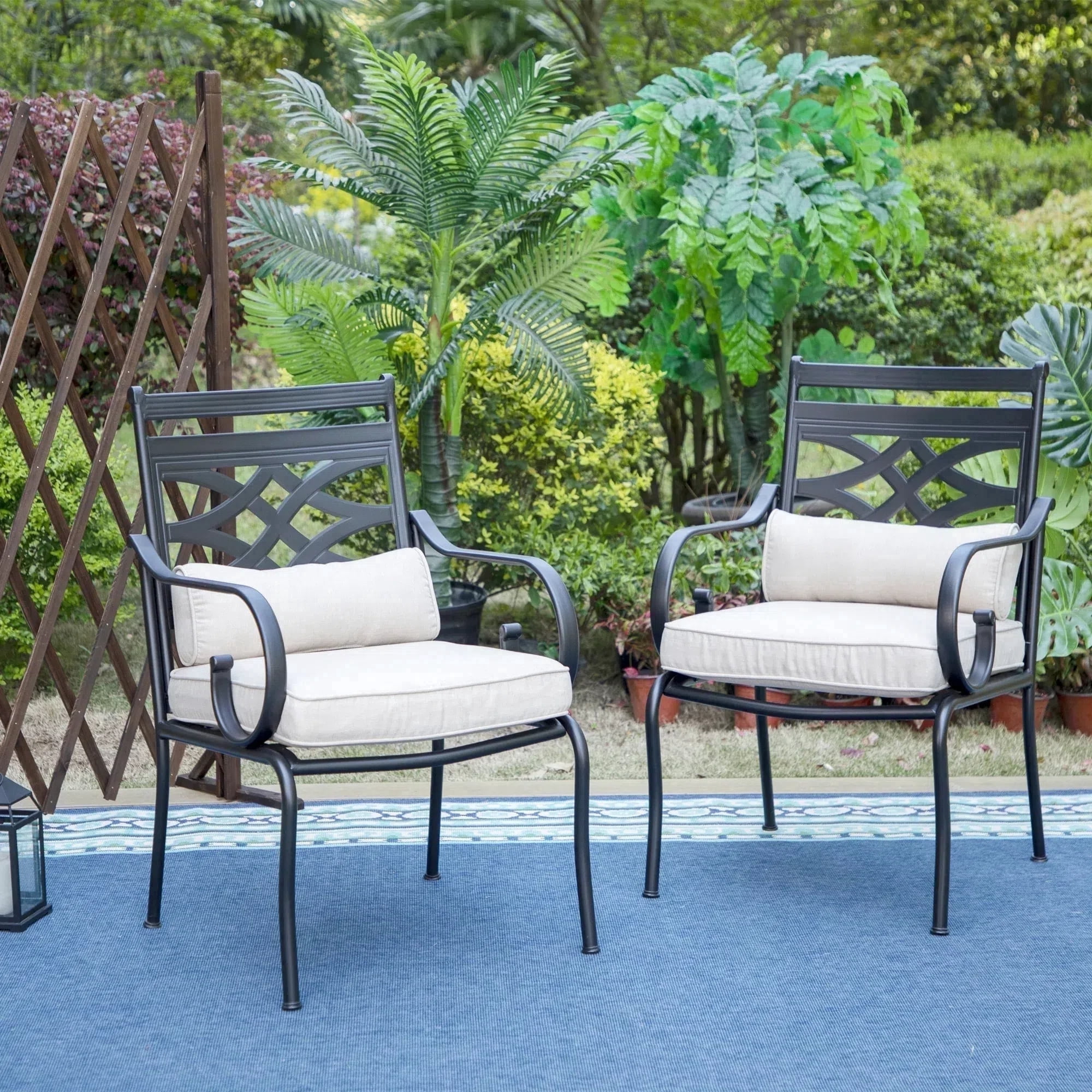 MF Studio 2-Piece Outdoor Patio Dining Chairs with Removable Cushions & Pillows, Black & Beige