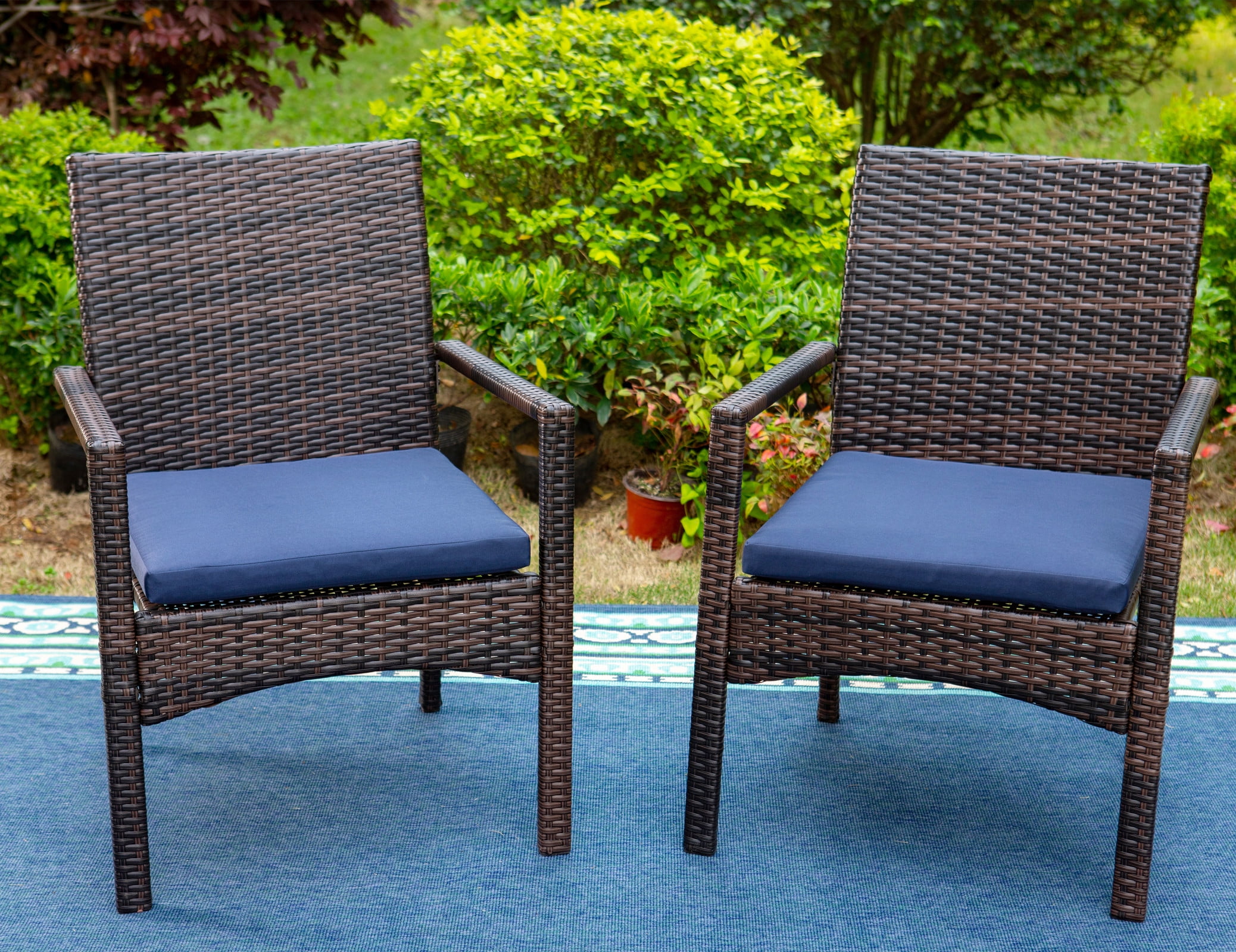 MF Studio 2-Piece Outdoor Patio Rattan Dining Chair with Navy Blue Cushions, Dark Brown