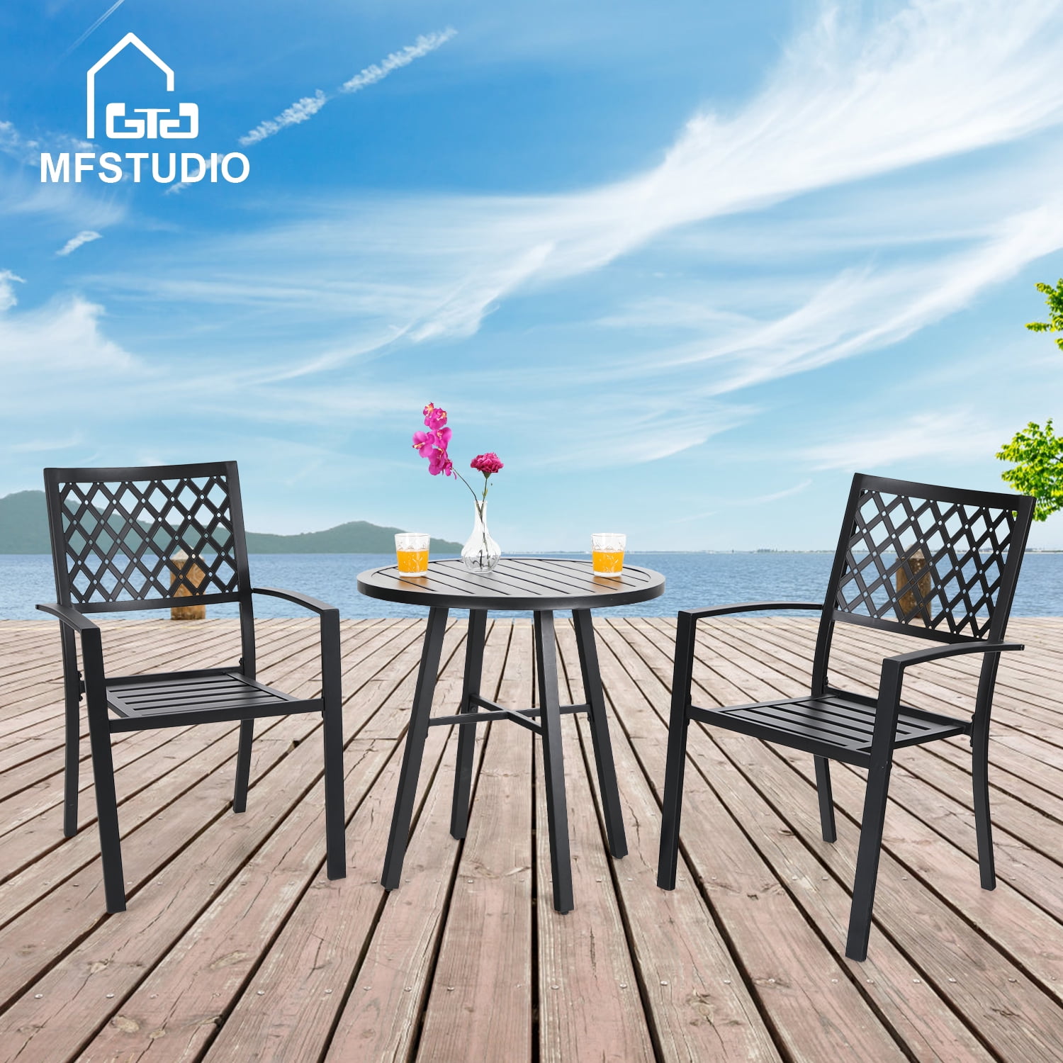 MF Studio 3-Piece Metal Patio Bistro Set Outdoor Accent Furniture for Yard, Porch and Garden, Black