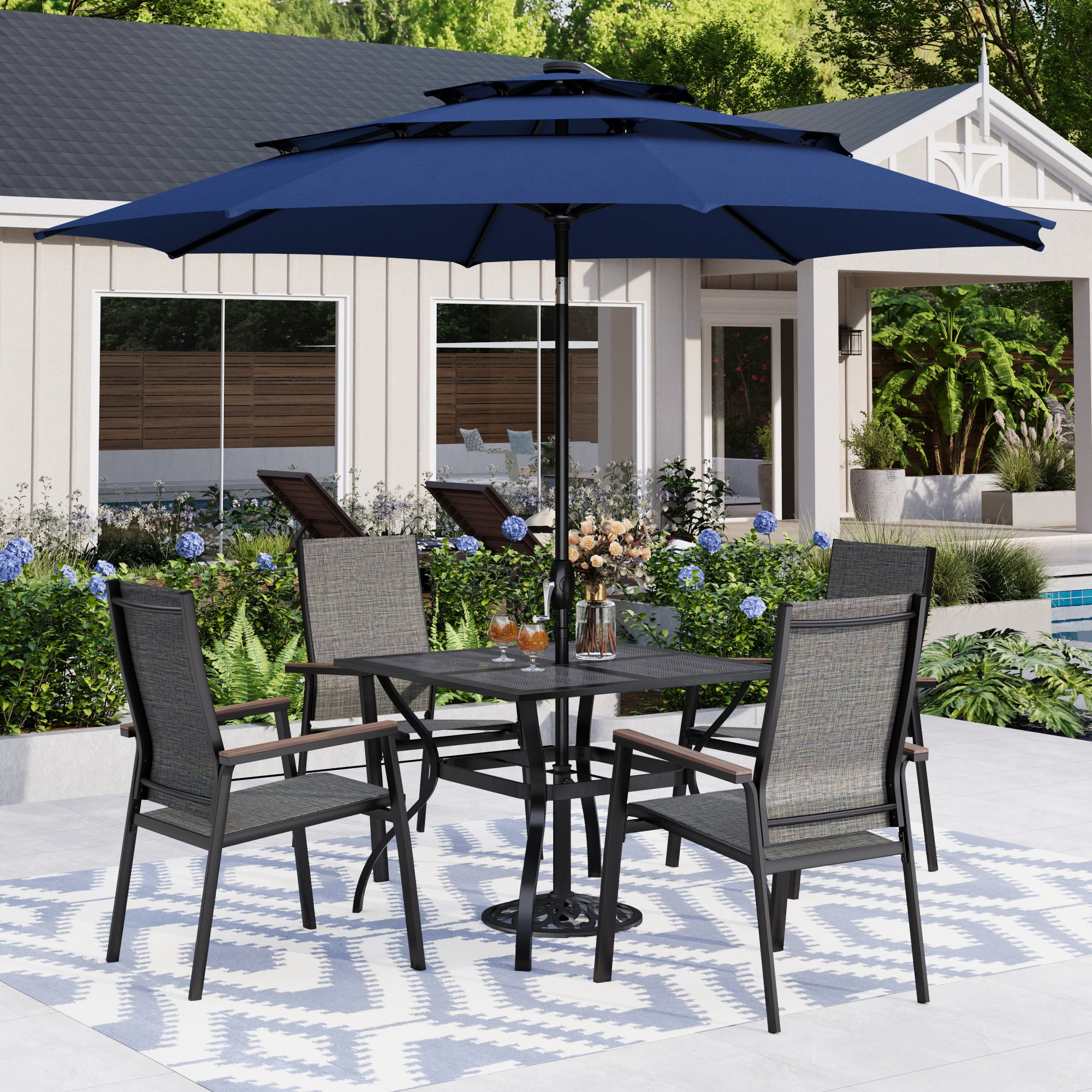 MF Studio 6 Pieces Outdoor Patio Dining Set with Navy Blue Umbrella, Aluminum stackable Textilene Patio Chairs & Square Metal Table for 4 People