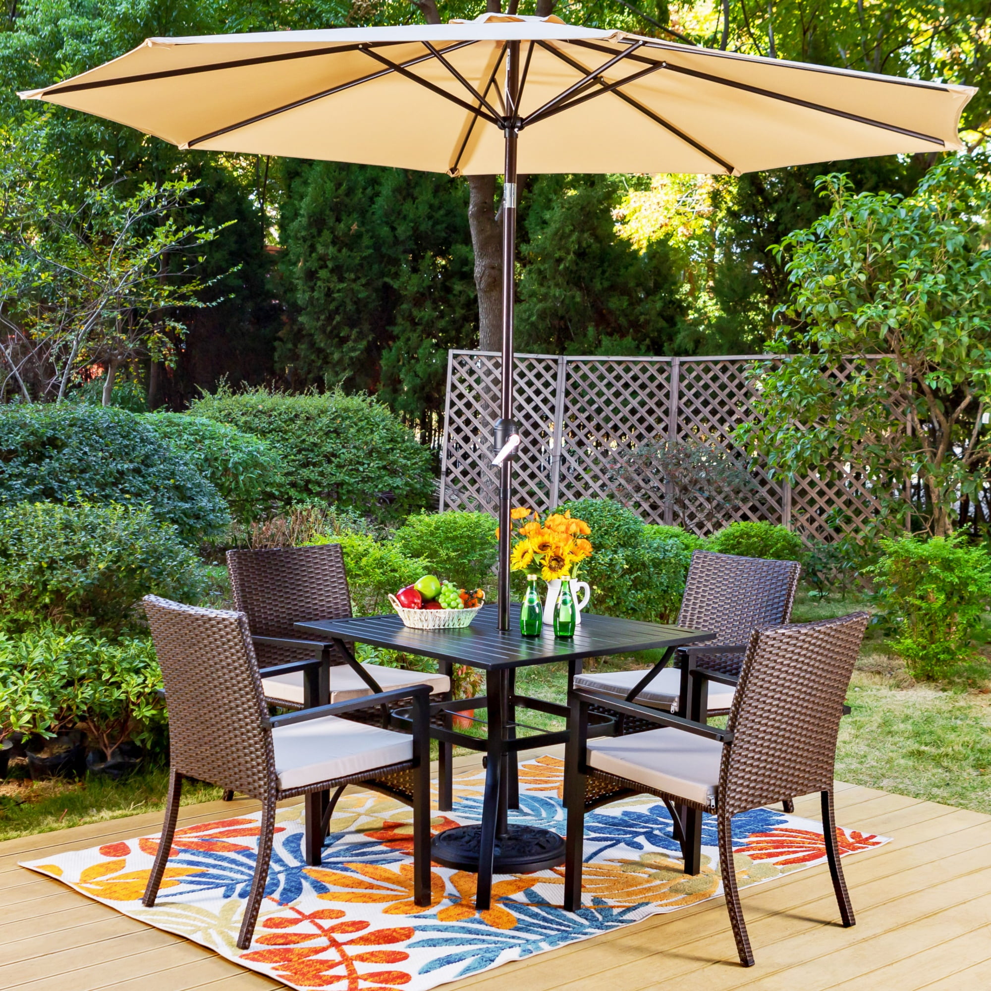 MF Studio 6-Piece Patio Furniture Set with Umbrella, Wicker Chairs & Square Table for Dinner, Party & Conversation, Brown & Beige