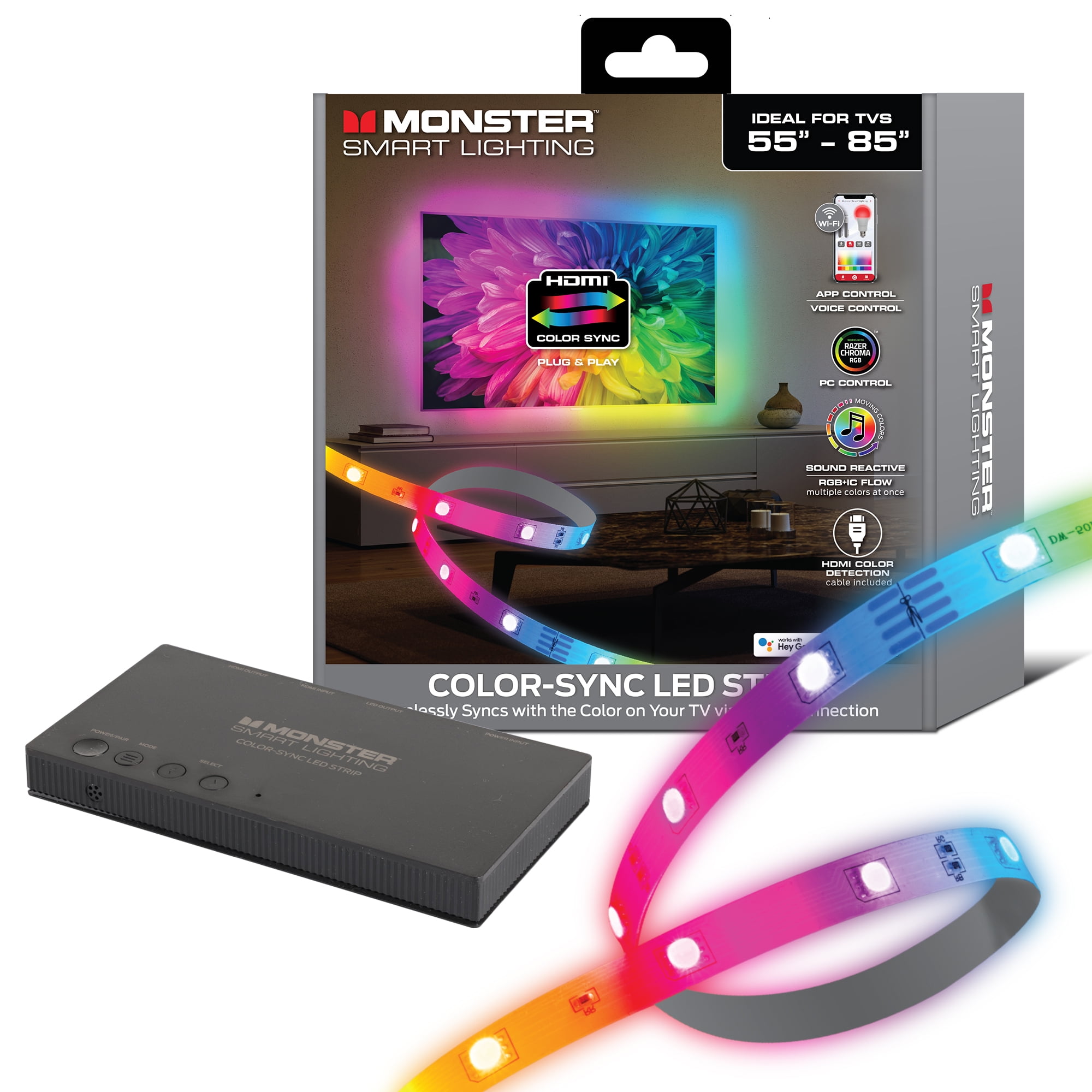 Monster Smart LED Light Strips, Sound Reactive Color Sync RGB LED Strips for TVs, 55”-85”