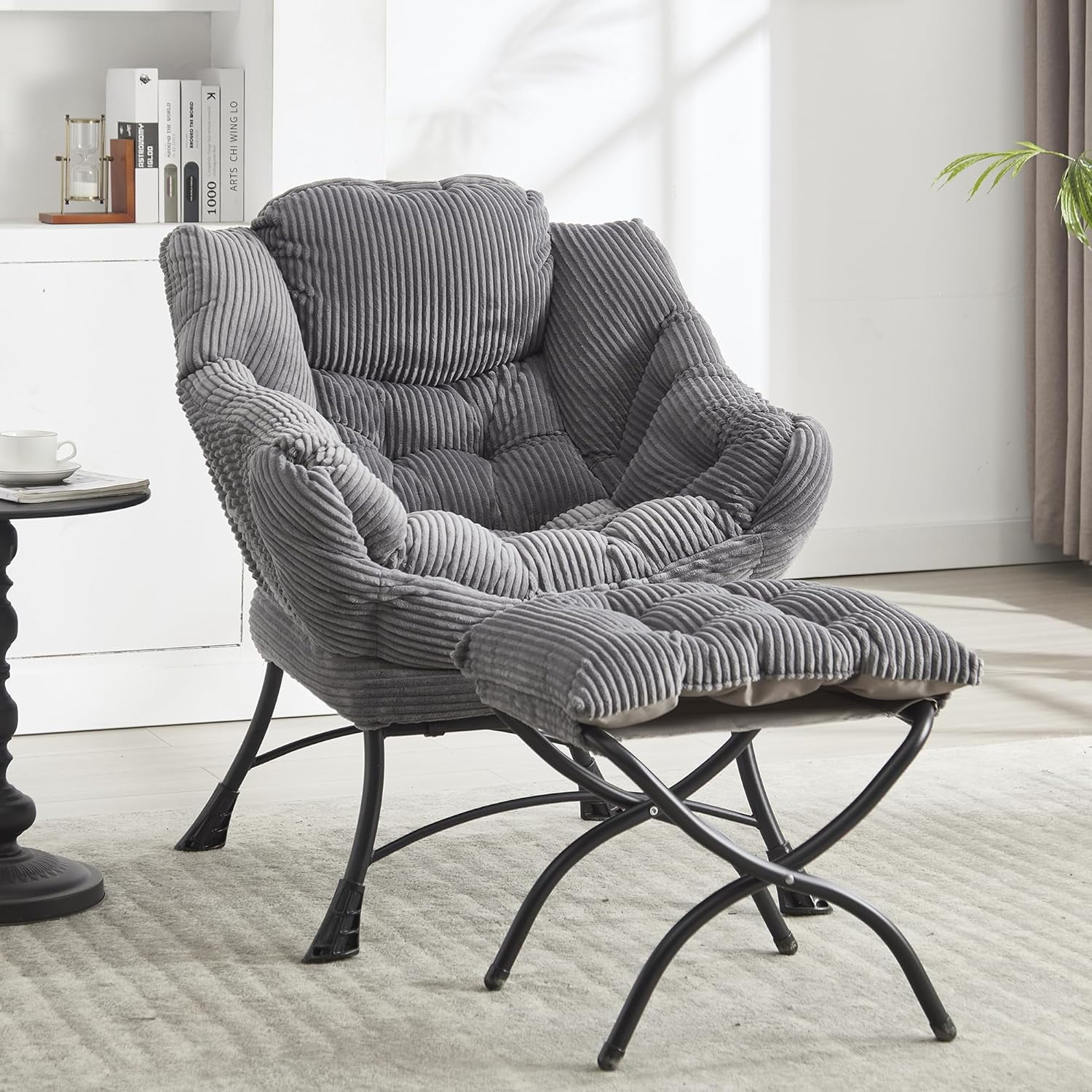 MOONMISS Corduroy Upholstered Oversized Lazy Chair with Folding Ottoman and a Side Pocket-Gray