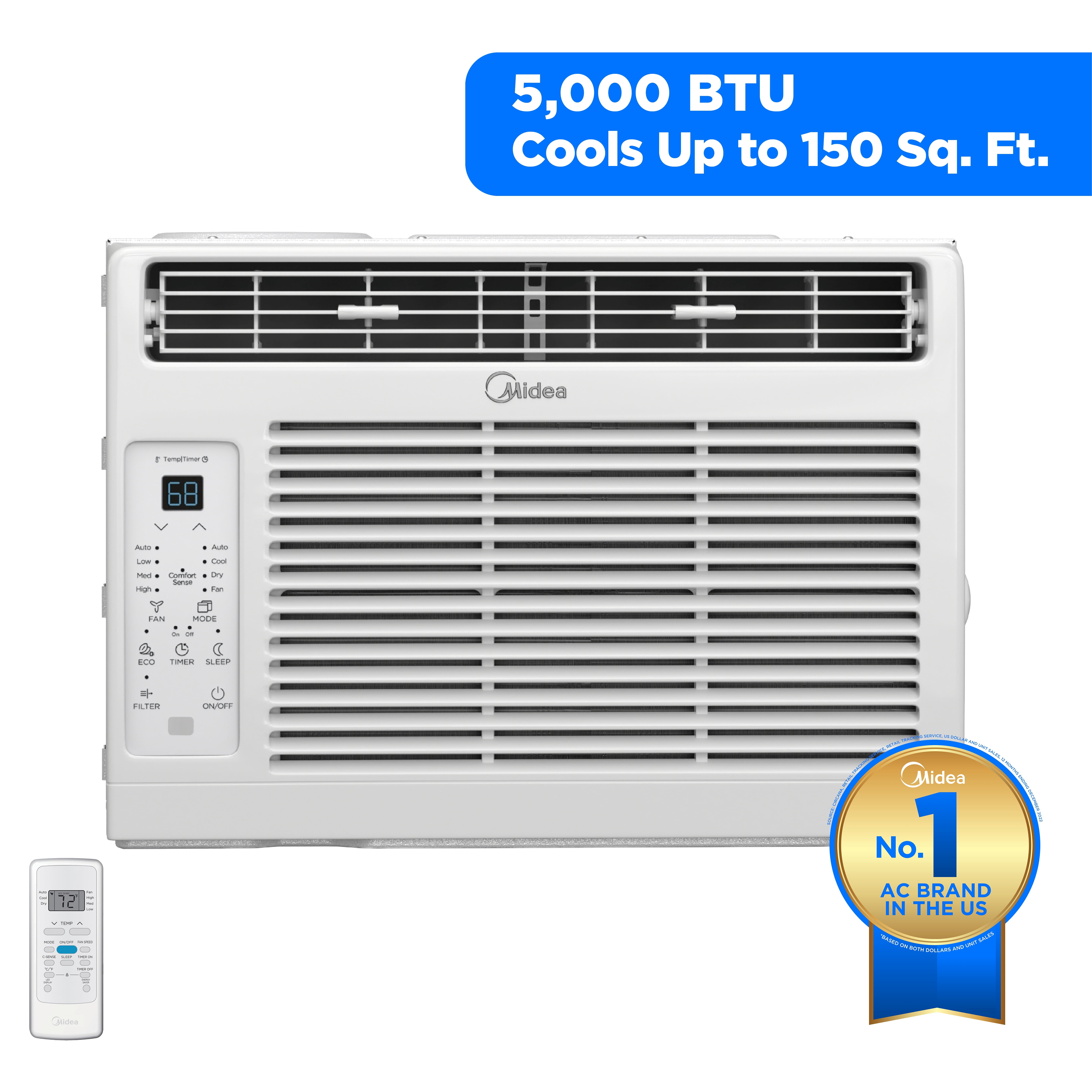 Midea 5,000 BTU Window Air Conditioner, Cools Up To 150 Sq Ft, Remote, Programmable Timer, White