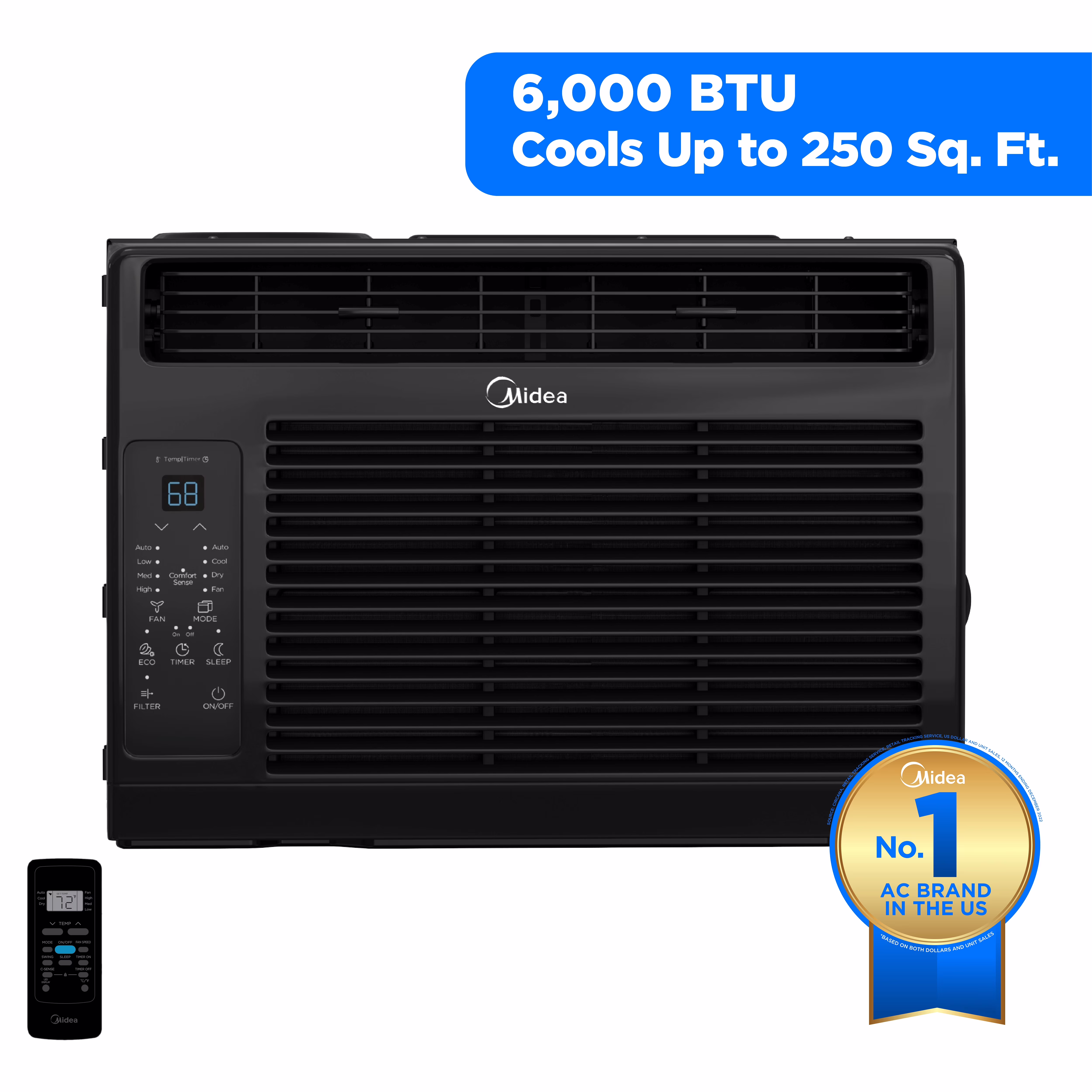 Midea 6,000 BTU 115V Window Air Conditioner with Comfort Sense Remote, up to 250 Sq. ft., Black, MAW06R1WBL-T, New