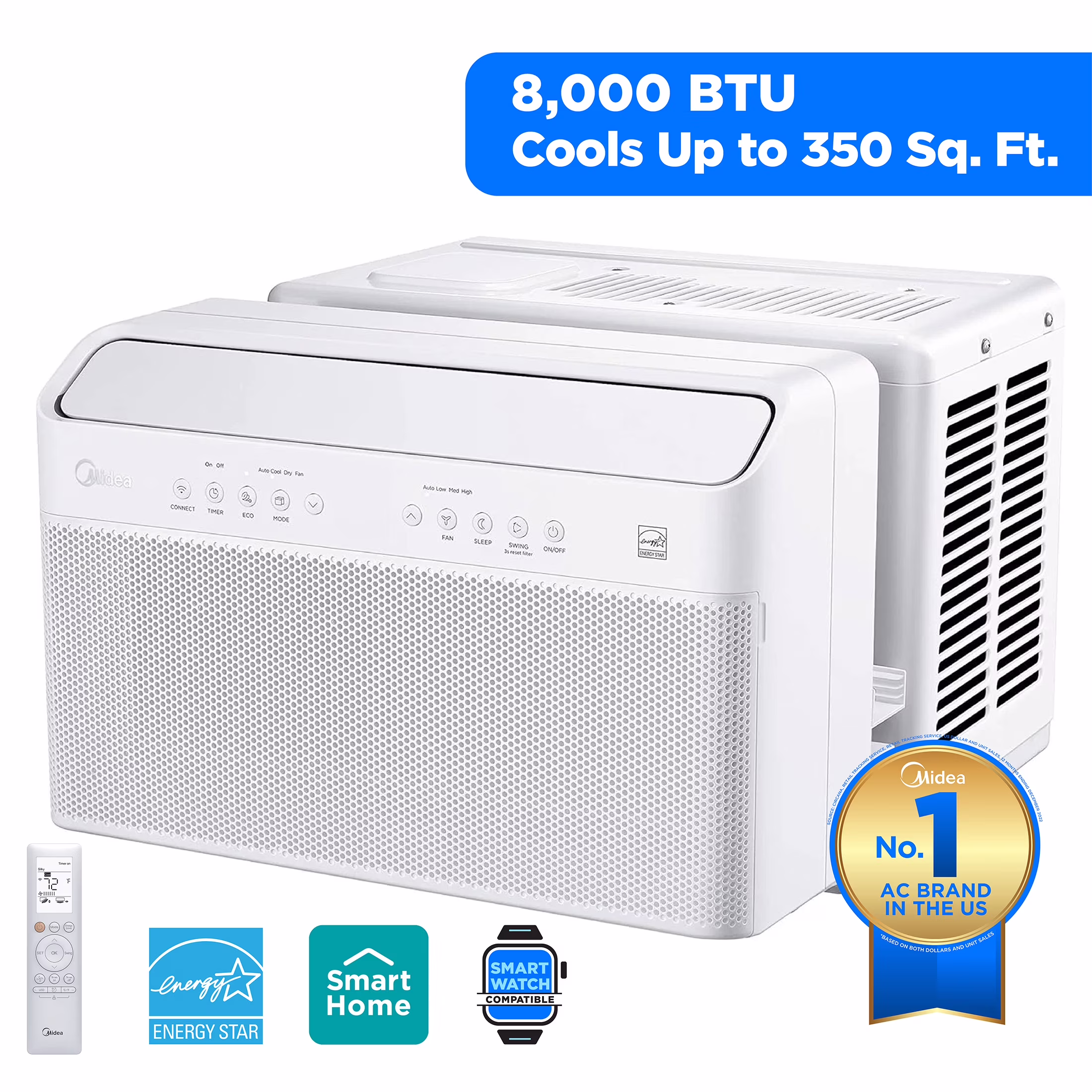 Midea 8,000 BTU Smart Inverter U-Shaped Window Air Conditioner, MAW08W1QWT-T, Updated