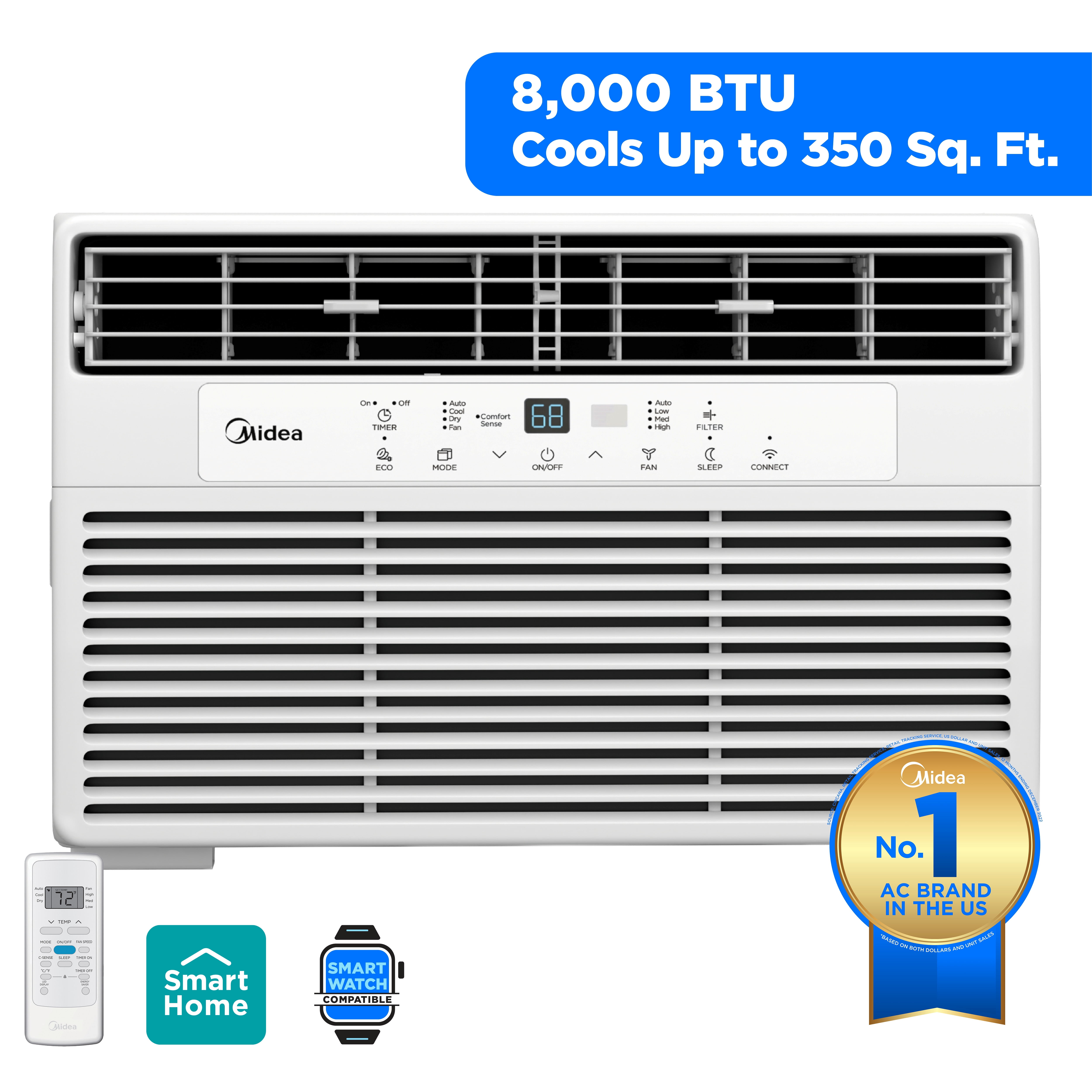 Midea 8,000 BTU 115V Smart Window Air Conditioner with Comfort Sense Remote, up to 350 Sq. ft., White, MAW08S1DWWT, New