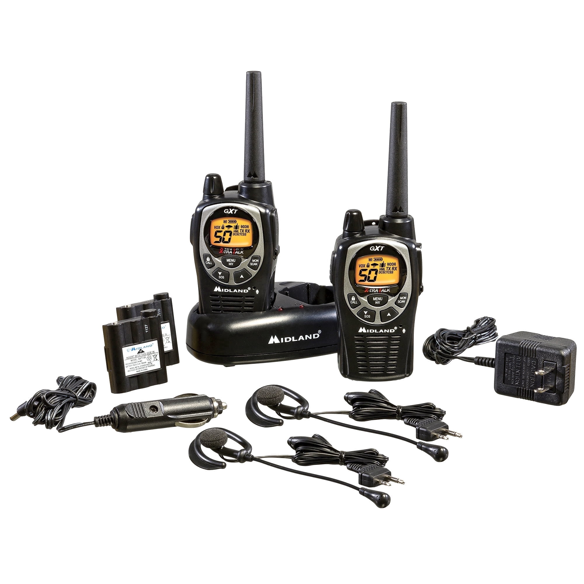 Midland GXT1000VP4 GMRS Two-Way Radio – 50 Channels, 36-Mile Range, Waterproof, NOAA Weather Alert, SOS, Rechargeable – 2-Pack, Black/Silver