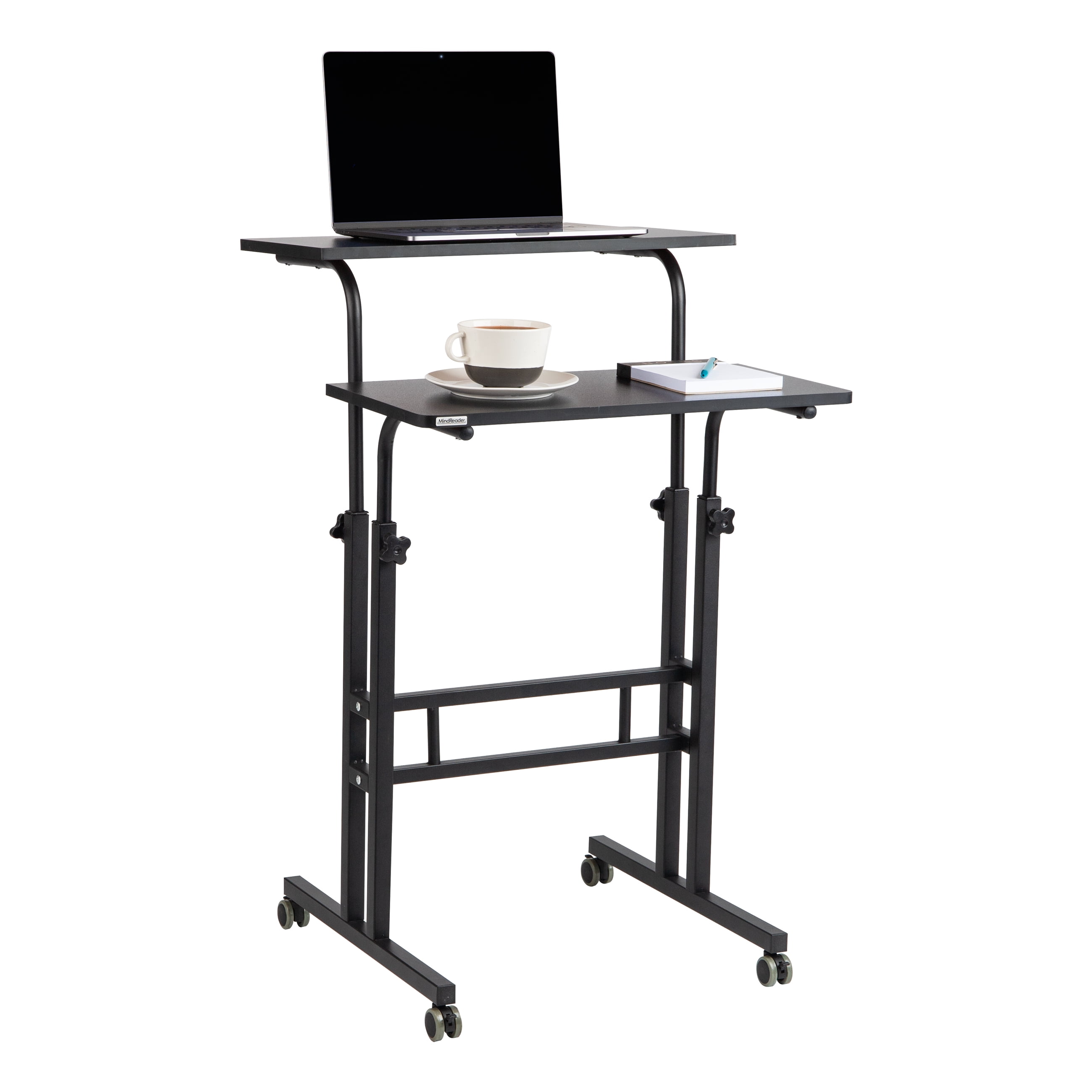 Mind Reader Standing Desk, Adjustable Height Laptop Workstation, Portable Rolling Desk on Wheels, Two-Tier Metal Frame, Black