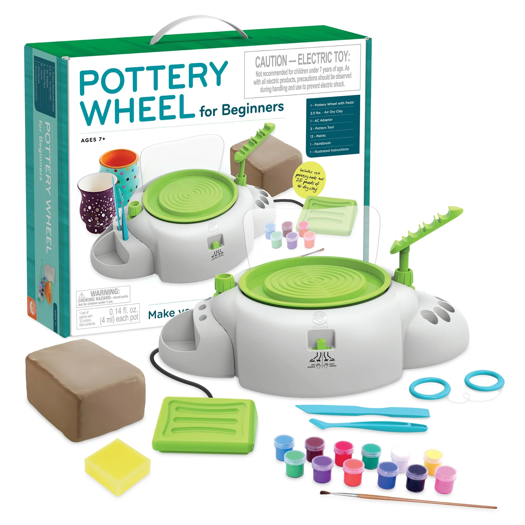 MindWare Pottery Wheel for Beginners, White and Green, Includes Clay, Paint and Tools