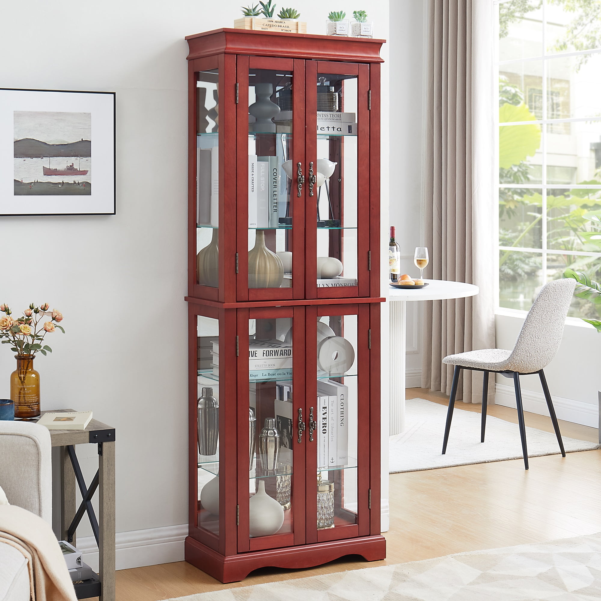 Miniyam Wood Curio Display Cabinet with Light, Glass Door for Living Room, Cherry