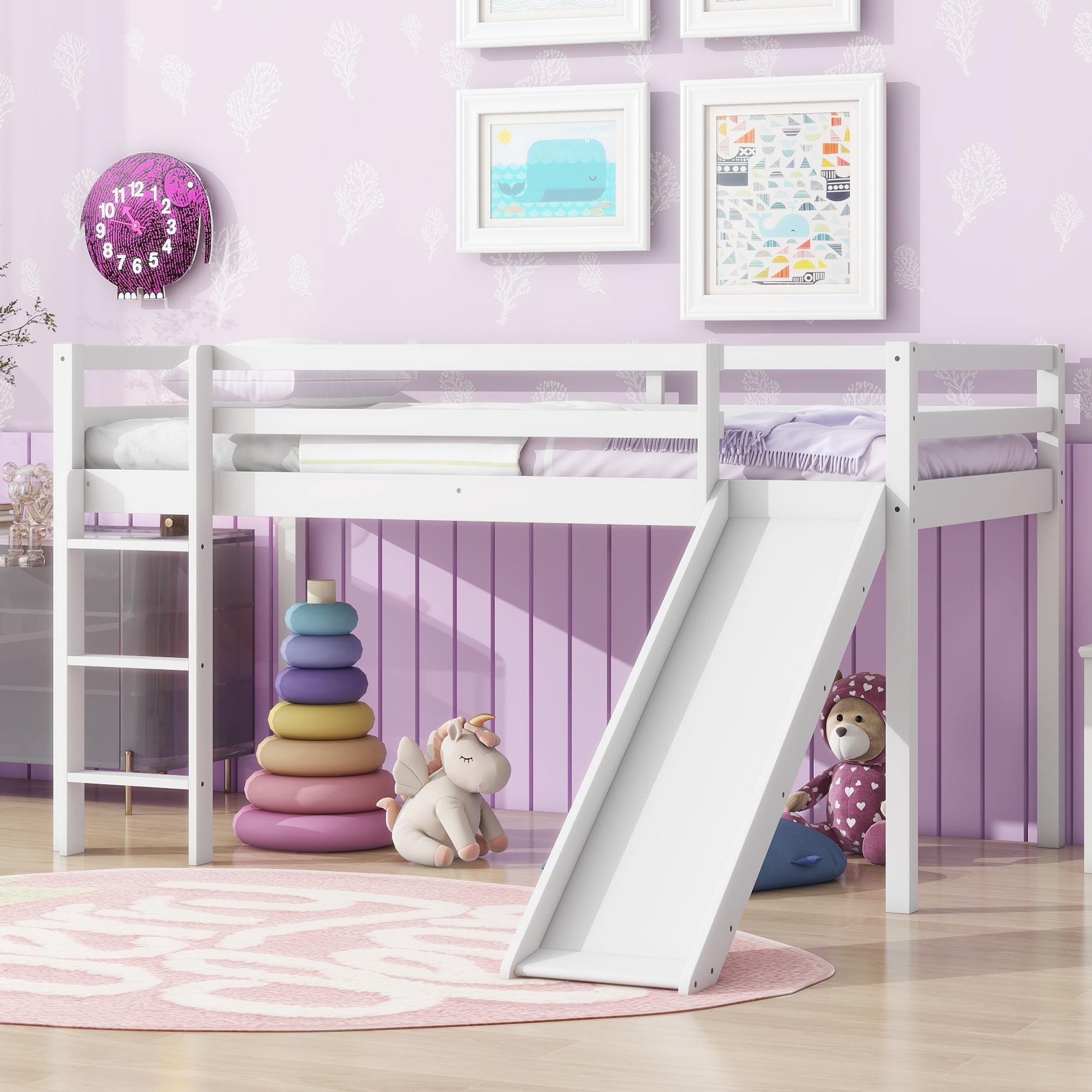 Miniyam Wood Twin Size Loft Bed with Slide, Guardrails and Ladder for Kids, White