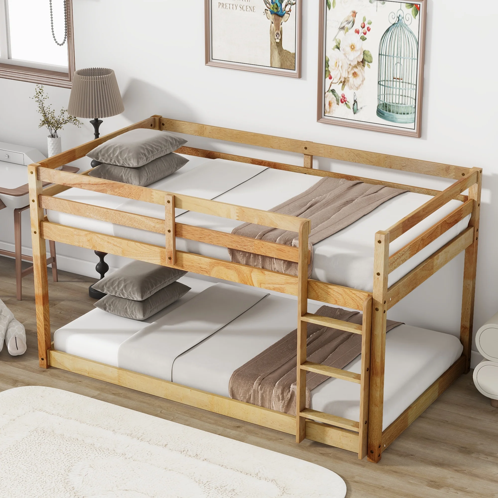 Miniyam Wood Twin over Twin Bunk Bed for Kids, Oak