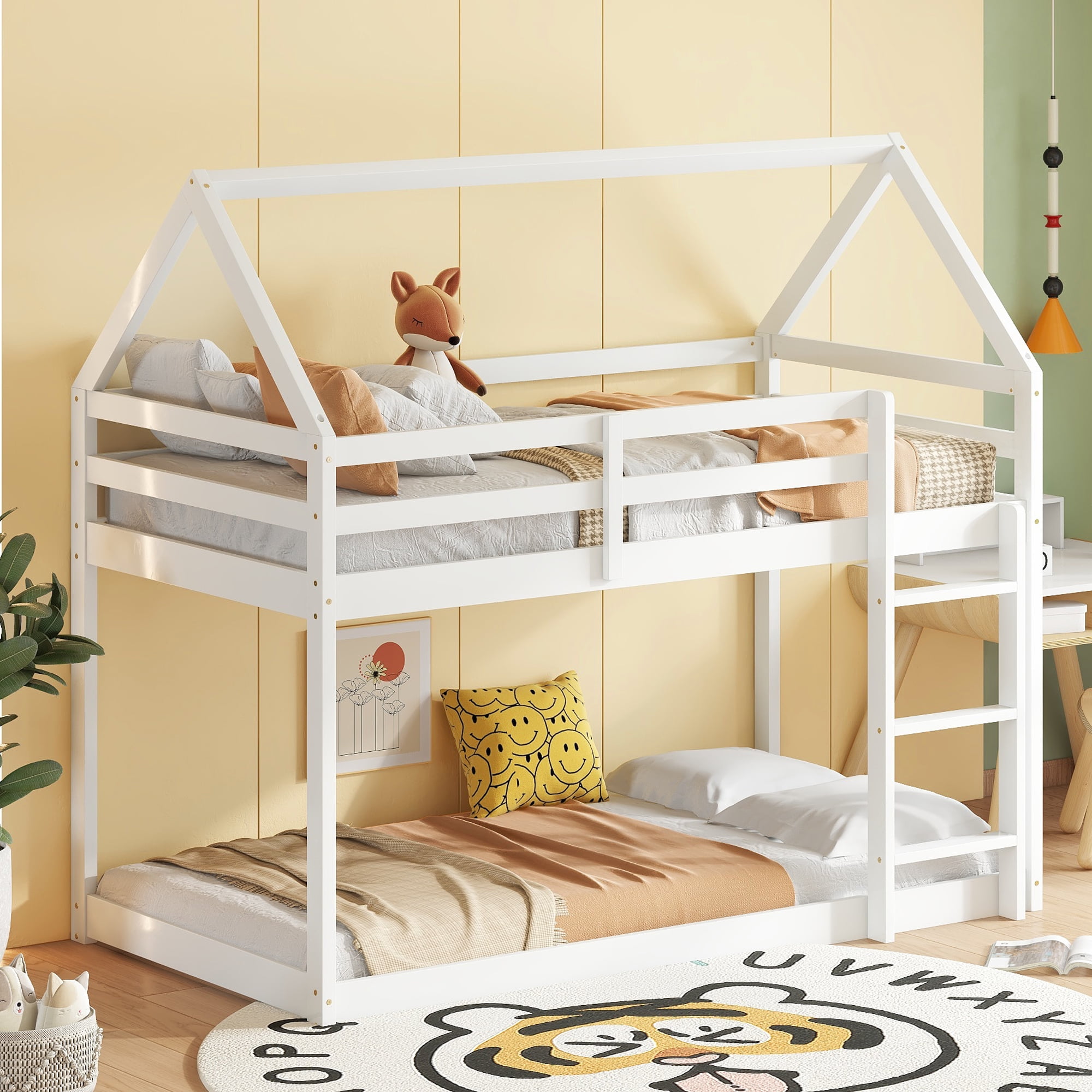 Miniyam Wood Twin over Twin Bunk Bed, House-Shaped Design for Kids and Teens, White