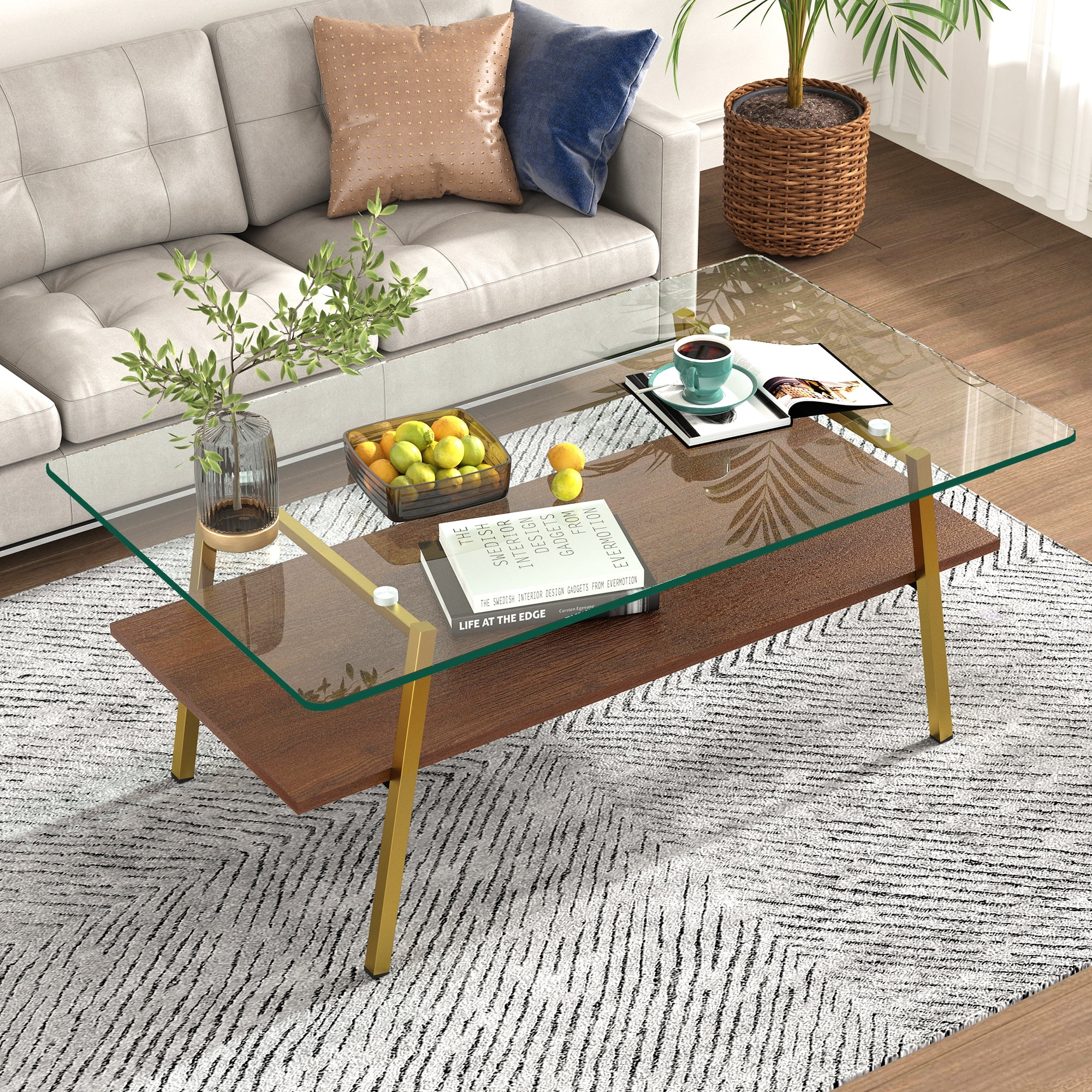 Miniyam 38" Modern Glass Coffee Table with Storage Shelf for Living Room, Clear&Gold