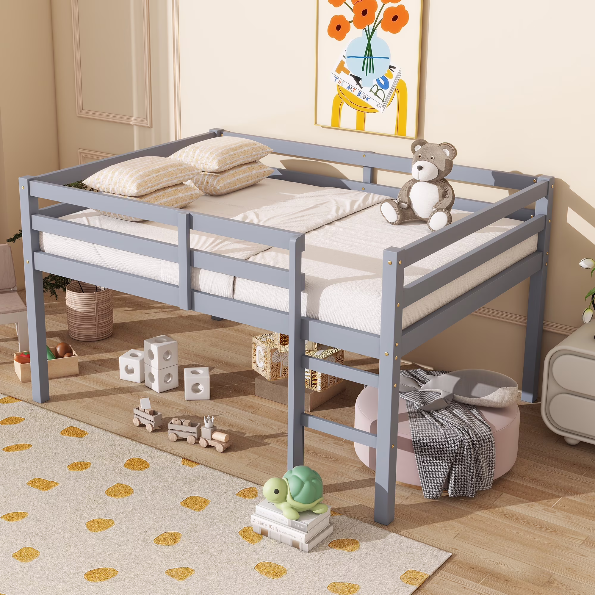 Miniyam Rubber Wood Full Size Loft Bed with Ladder for Kids, Soft Gray