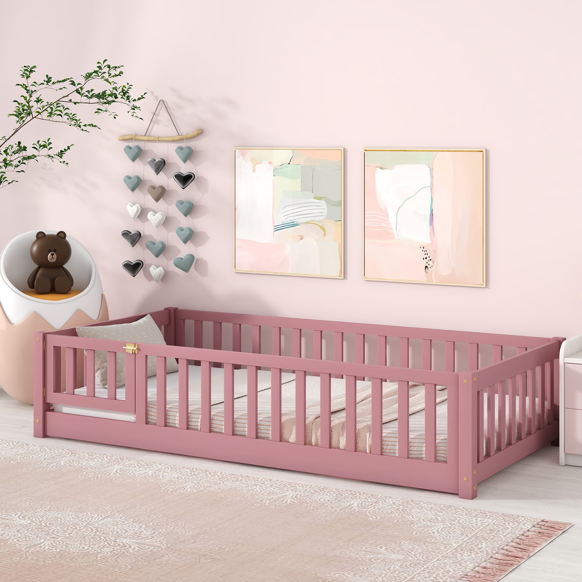 Miniyam Kids Twin Pine Wood Toddler Beds, Pink