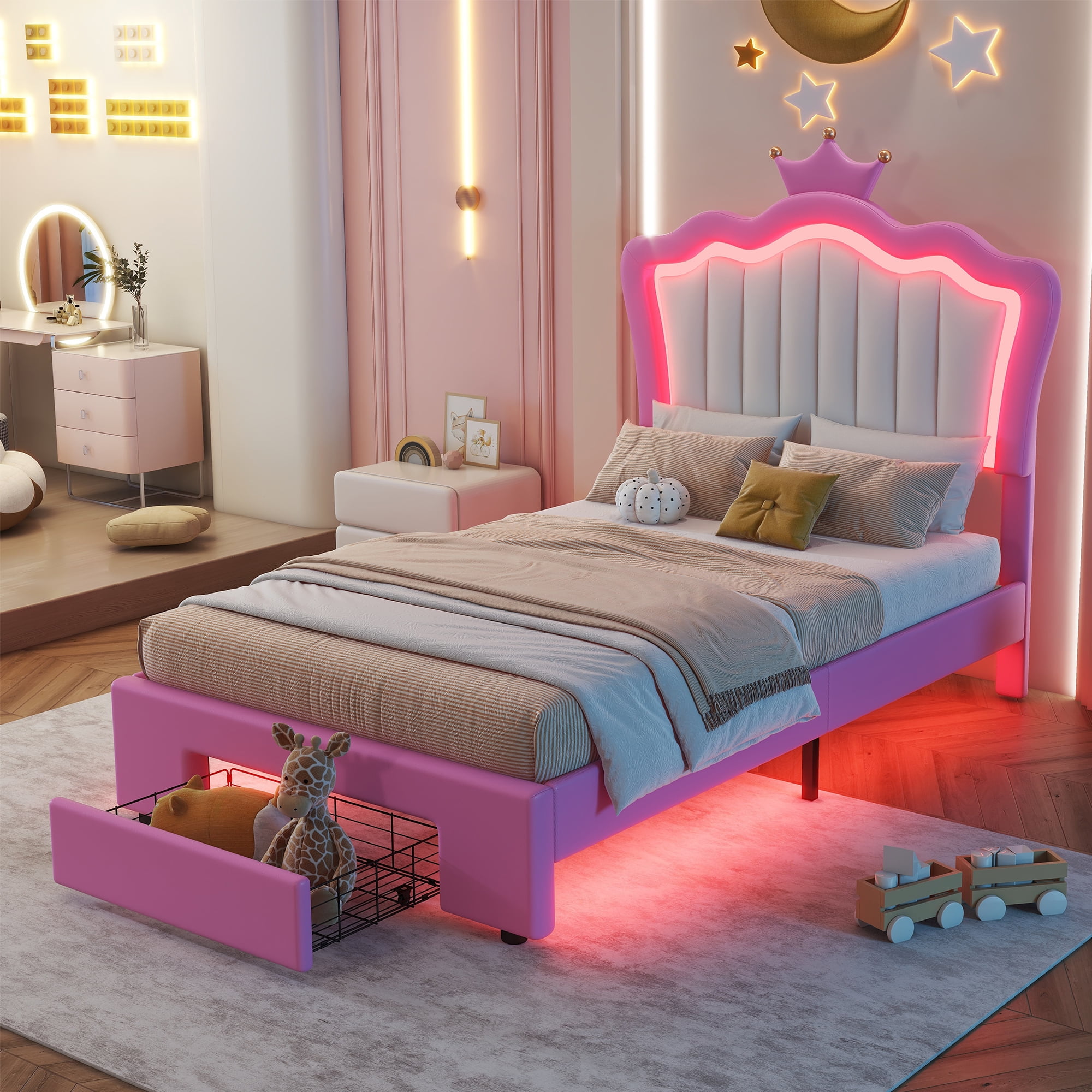 Miniyam Upholstered Twin Size Bed with LED Lights, Crown Headboard for Kids, Pink