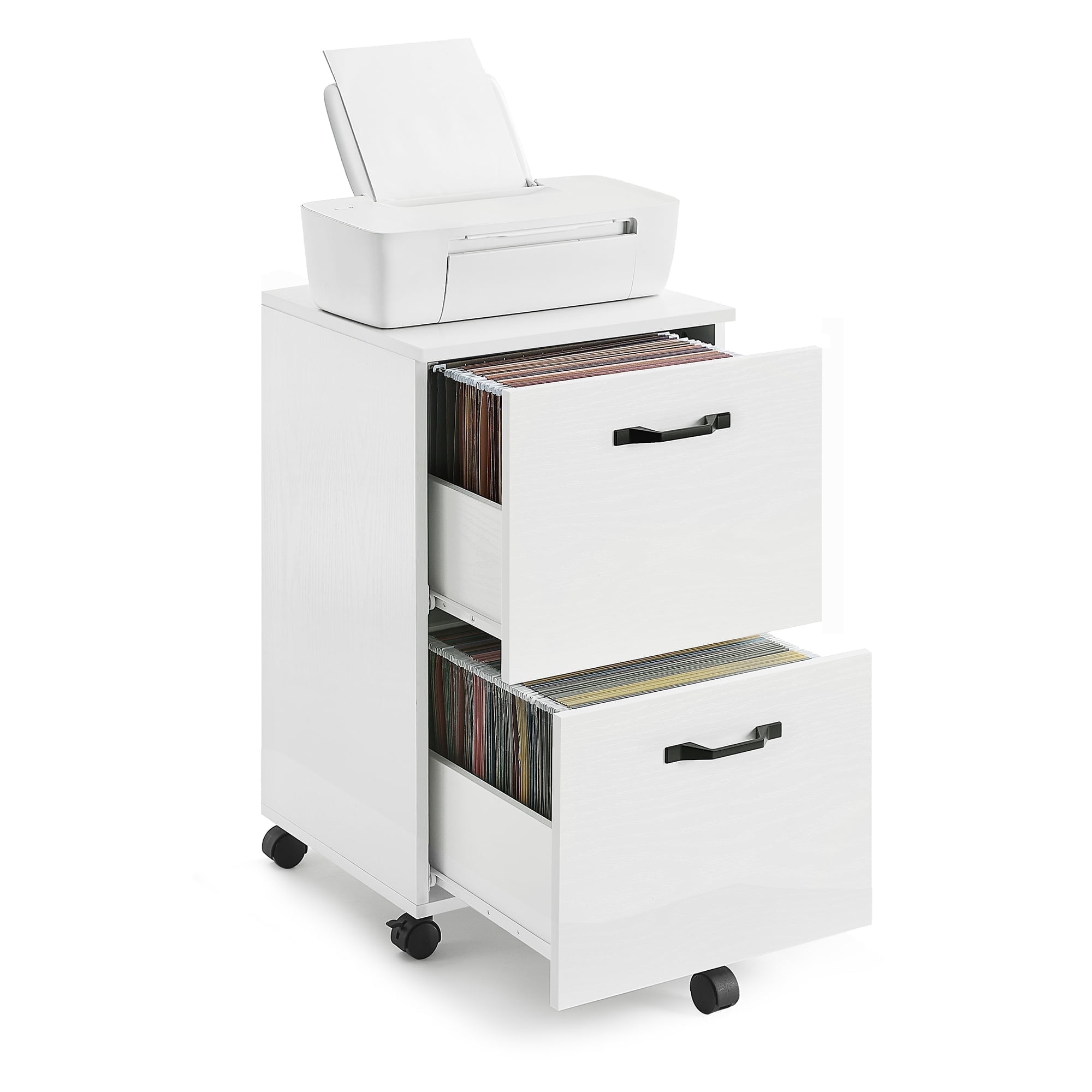 White File Cabinet, Modern 2 Drawers, Rolling Filing Cabinet Wood Storage Shelf for Home Office