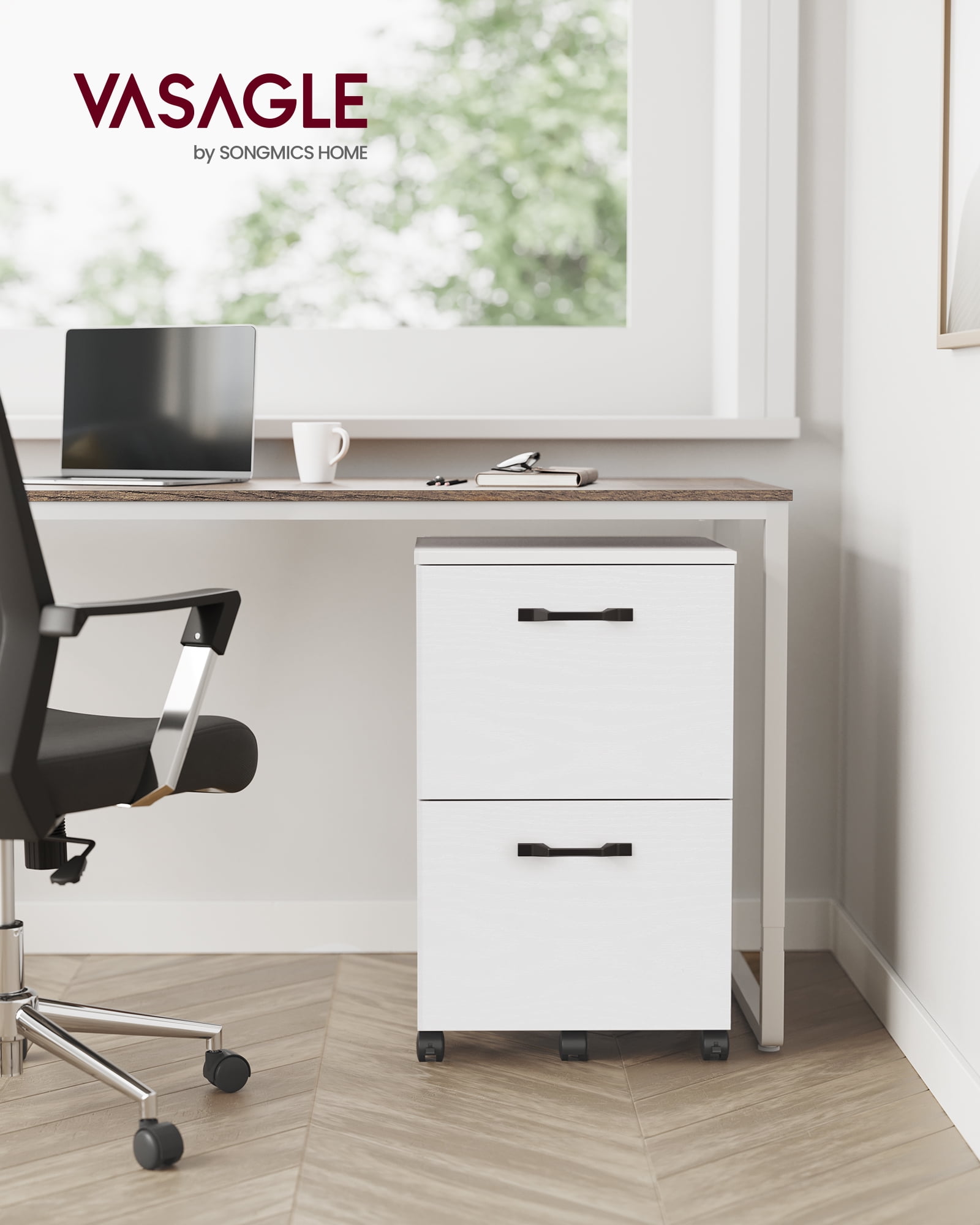 White File Cabinet, Modern 2 Drawers, Rolling Filing Cabinet Wood Storage Shelf for Home Office