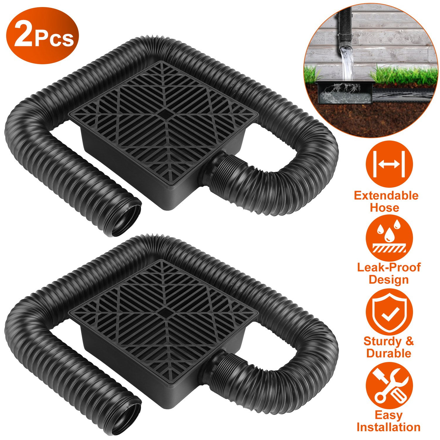 Moclever 2Pcs Gutter Downspout Extension Catch Basin Downspout Extender No Deep Digging with 4.9ft Flexible Extendable Hose for Lawn Landscaped Area Patio, Black