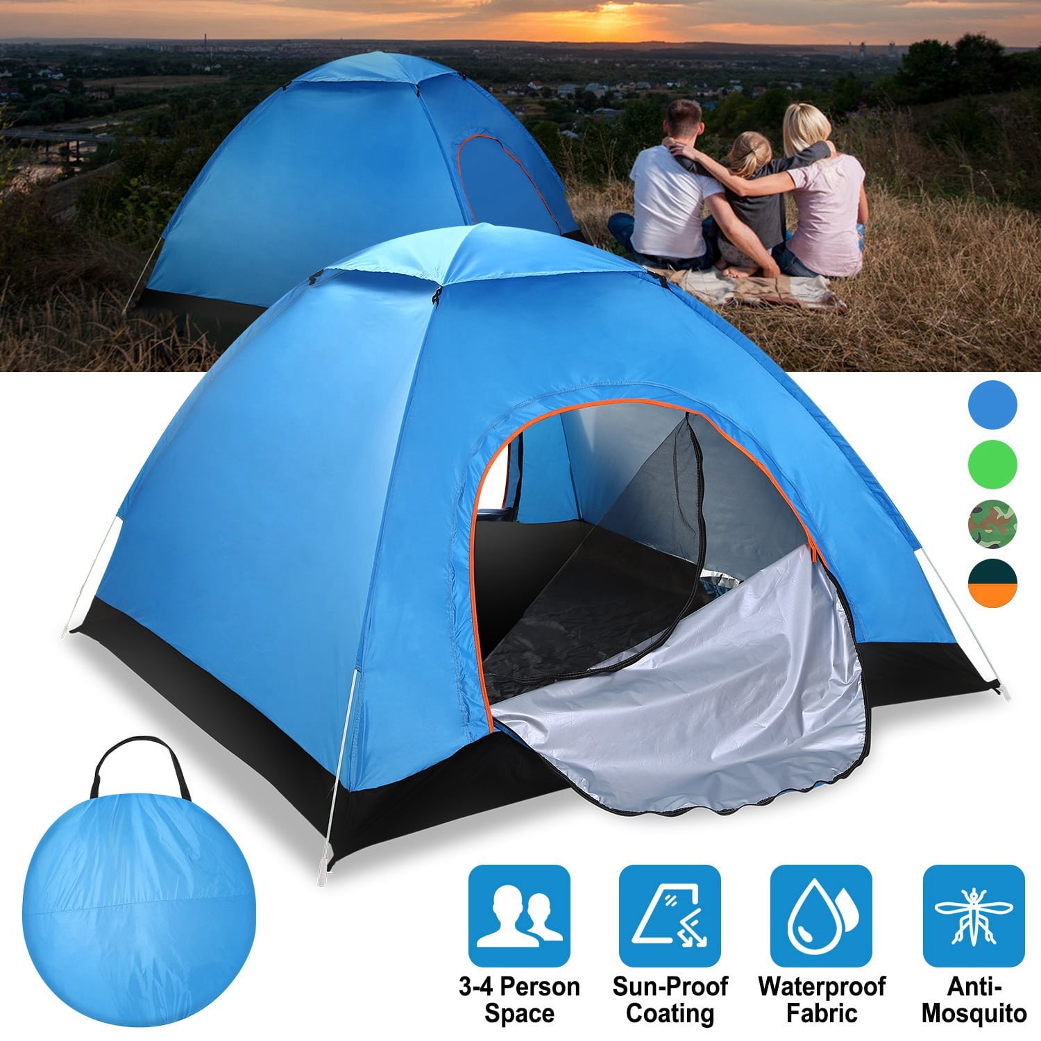 Moclever 3-4 Persons Pop up Tent 3.04lbs Camping Tent Outdoor Folding Waterproof Tent 6.56x6.56x4.26ft with 2 Mosquito Net Doors Carrying Bag for Hiking Climbing Fishing, Blue