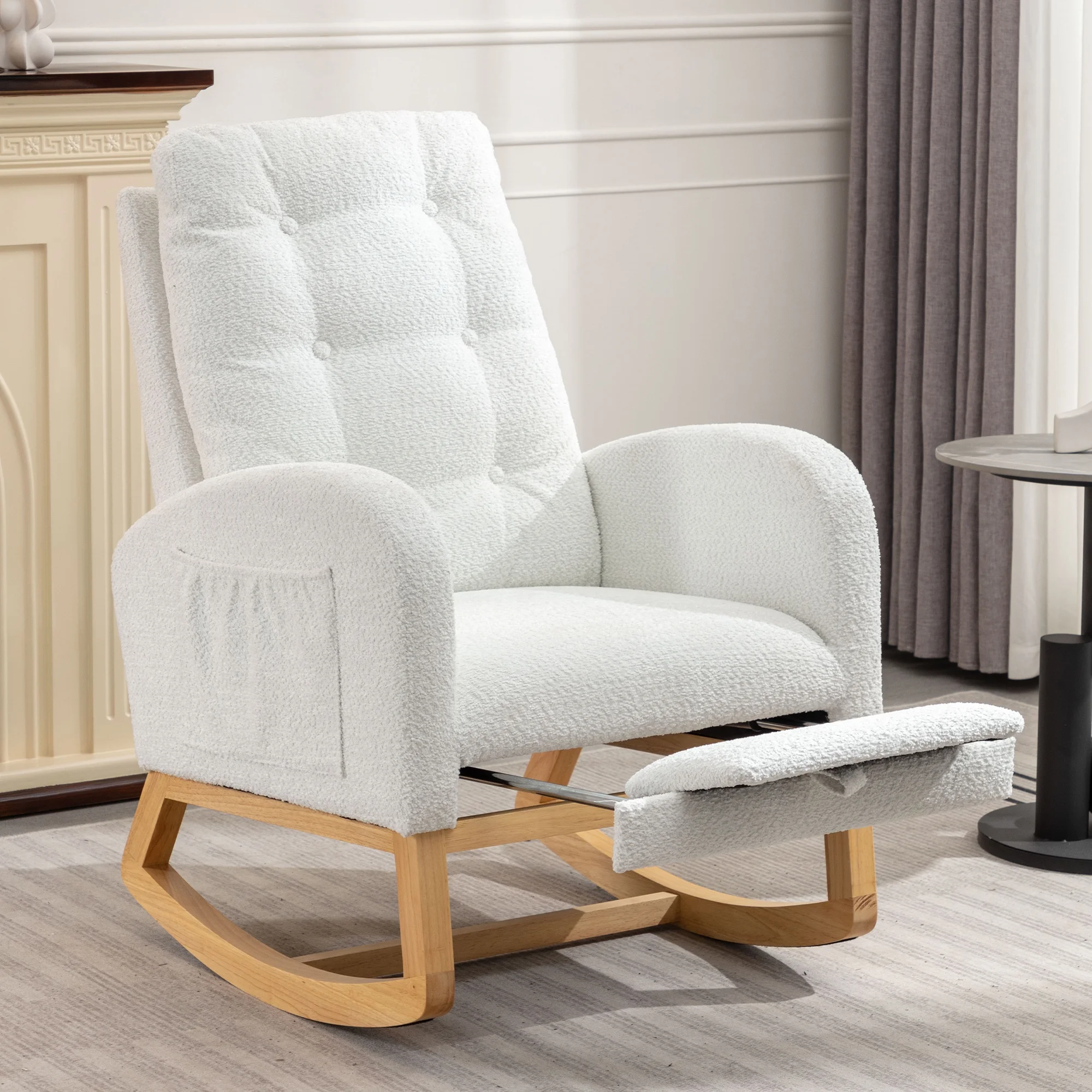 Modern Accent Rocking Chair with Pull-out Footrest,Nursery Glider Chair with Solid Wood Legs & Side Pocket,Upholstered Lounge Chair with High Backrest,White