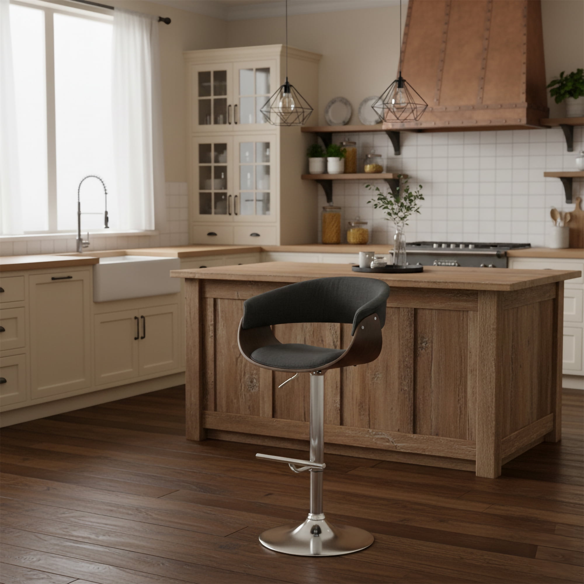 Modern Sleek Bentwood Weathered Oak Finish Contemporary Style Adjustable Swivel Bar Stool with Curved Seat and Back