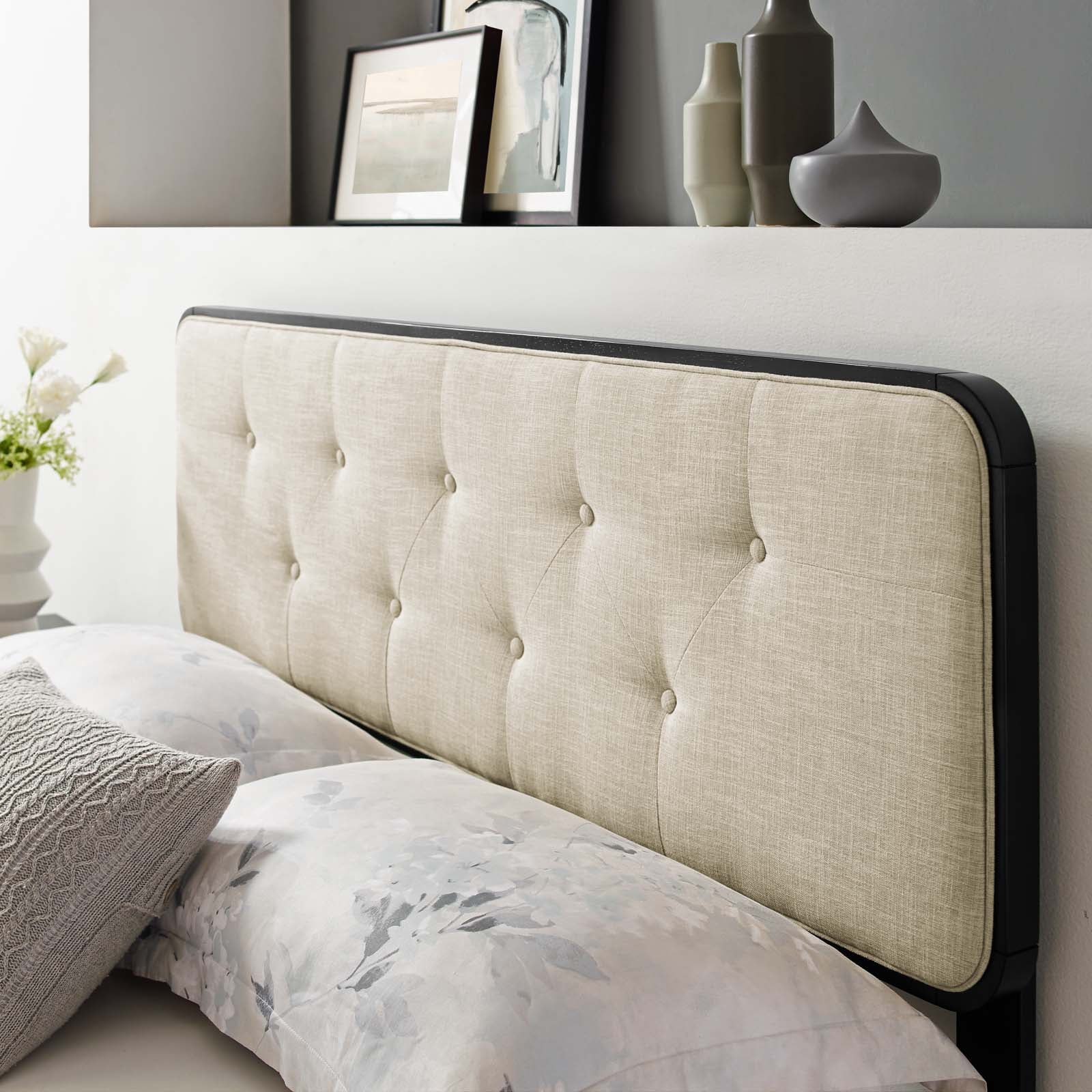 Modway Collins Tufted King Fabric and Wood Headboard in Black Beige