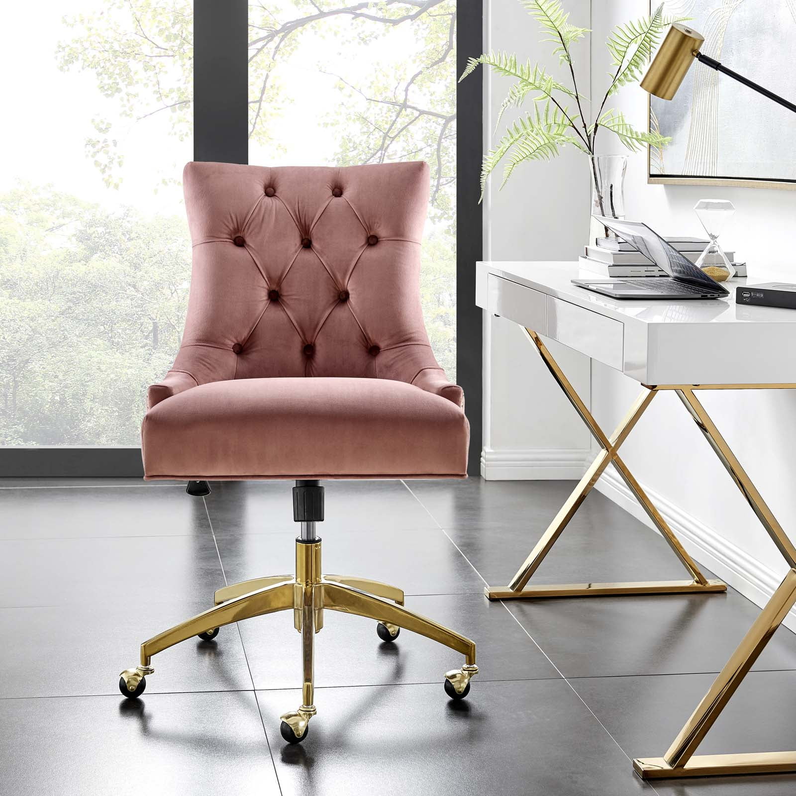 Modway Regent Tufted Performance Velvet Office Chair in Gold Dusty Rose