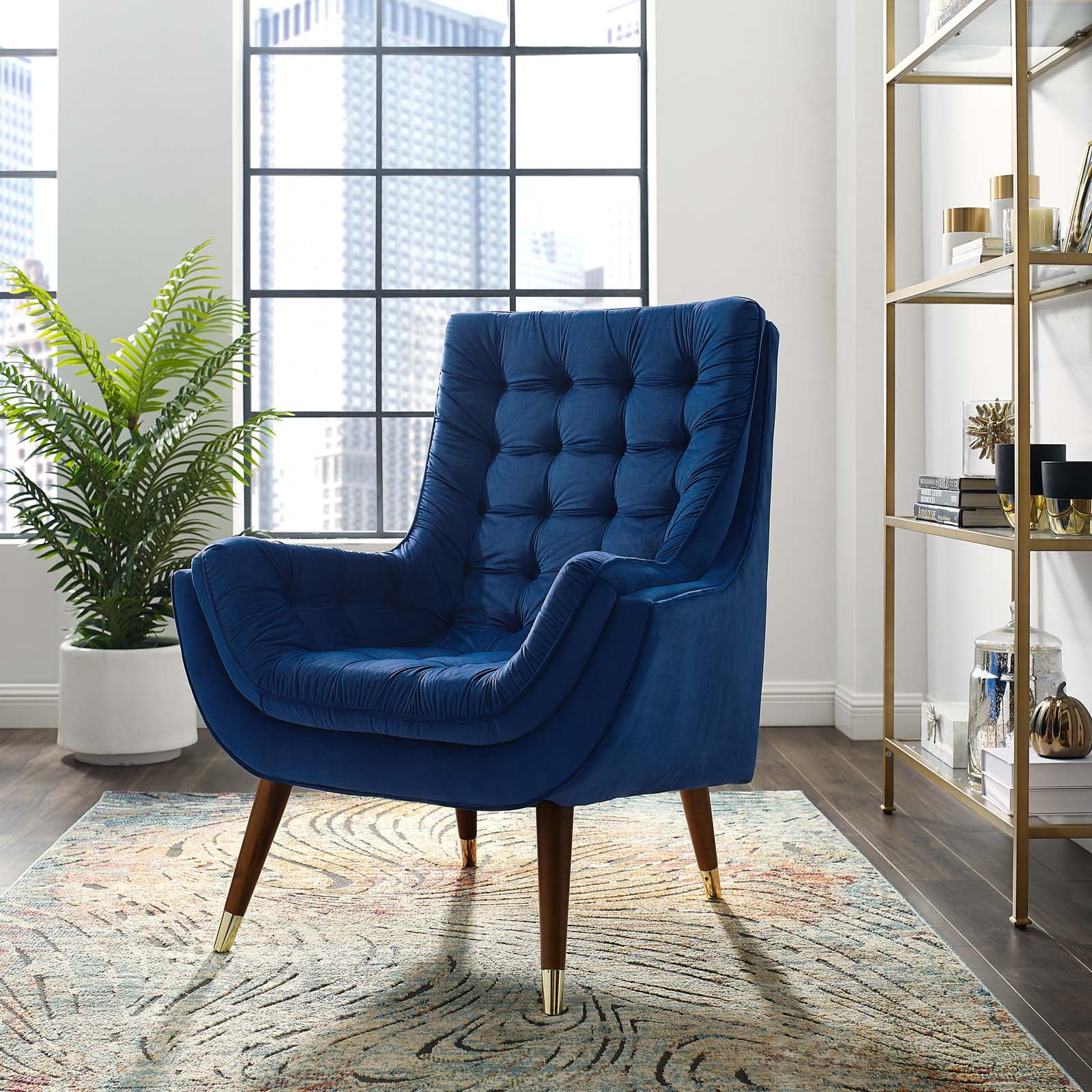 Modway Suggest Button Tufted Performance Velvet Lounge Chair in Navy