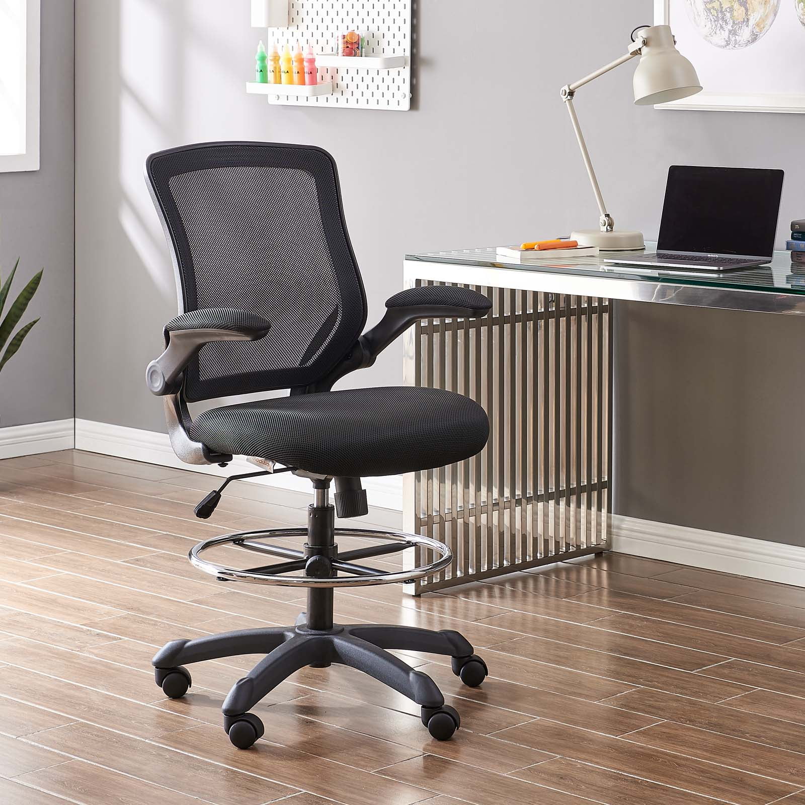 Modway Veer Modern Mesh Fabric & Metal Drafting Chair in Black