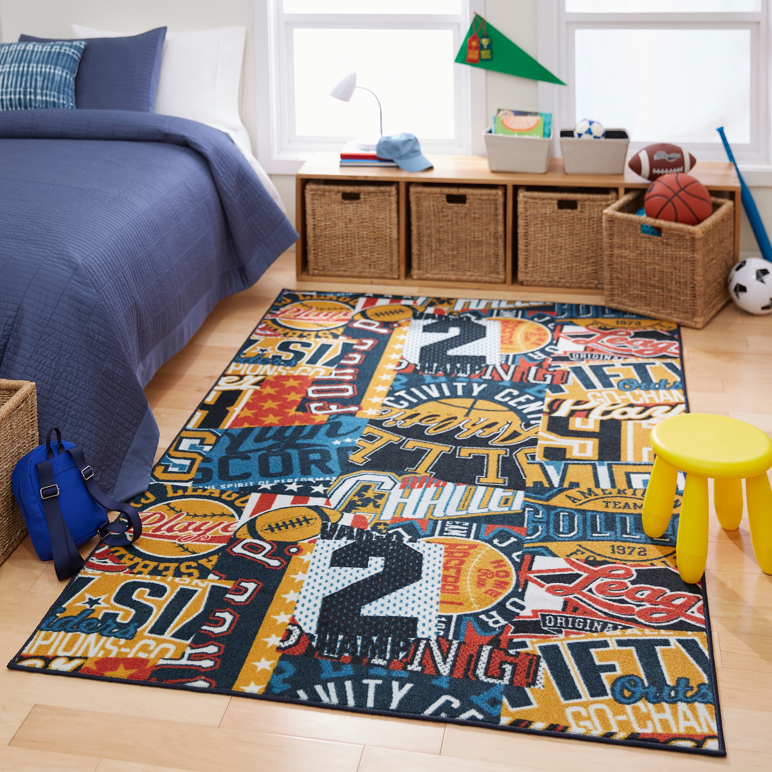 Mohawk Home Prismatic Team Spirit Multi Contemporary Theme Kids Precision Printed Area Rug, 10'x14', Gold & Blue