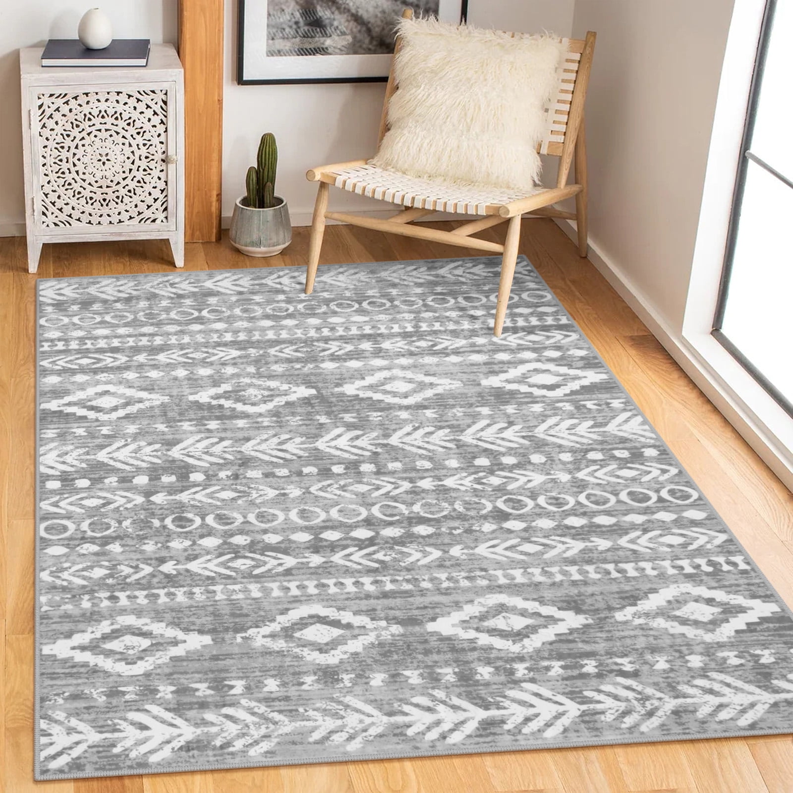 Moynesa 5'x7' Area Rug for Living Room Machine Washable Rugs Moroccan Large Playroom Rug Rustic Tribal Indoor Carpet Foldable Non-Slip Bedroom Rug for Entryway Kitchen Bathroom Office,White Grey