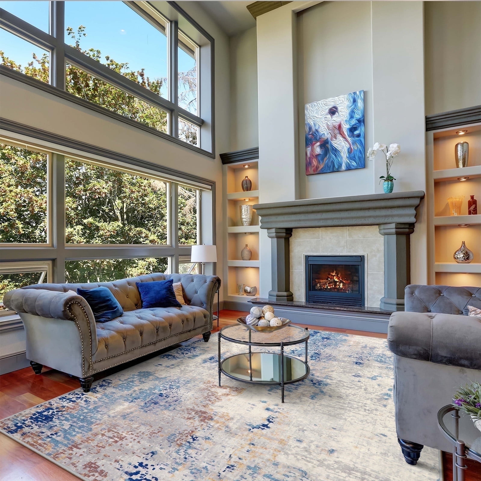 Moynesa 8'x10' Area Rug for Living Room Machine Washable Rugs Modern Abstract Low Pile Soft Mat Large Indoor Non-Slip Accent Carpet for Dining Room Table Apartment,Blue