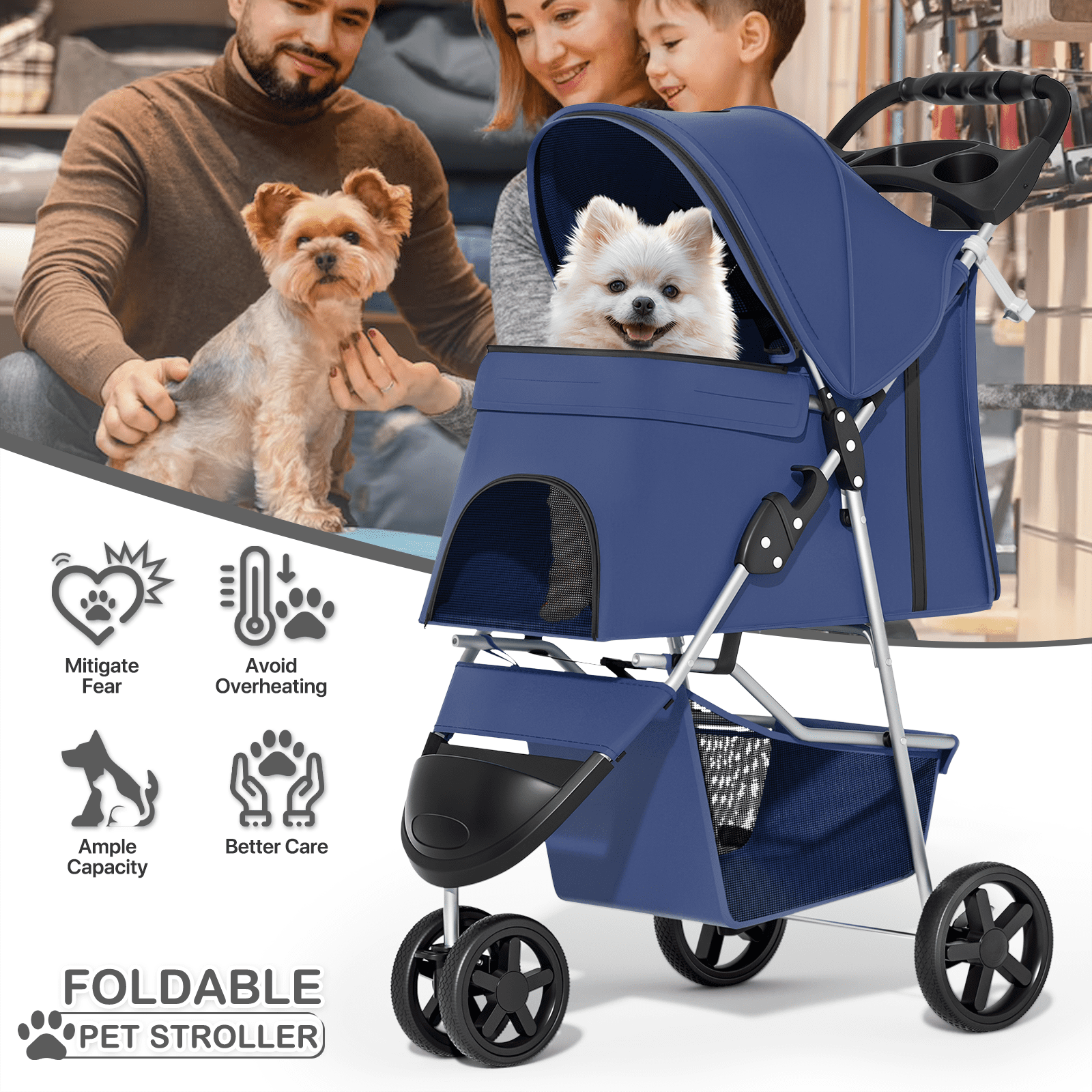 MoNiBloom 3 Wheel Folding Pet Dog Stroller, Foldable Lightweight Trolley with Storage Basket, Cup Holder and 360° Rotating Front Wheel for Small Medium Dogs, Navy Blue