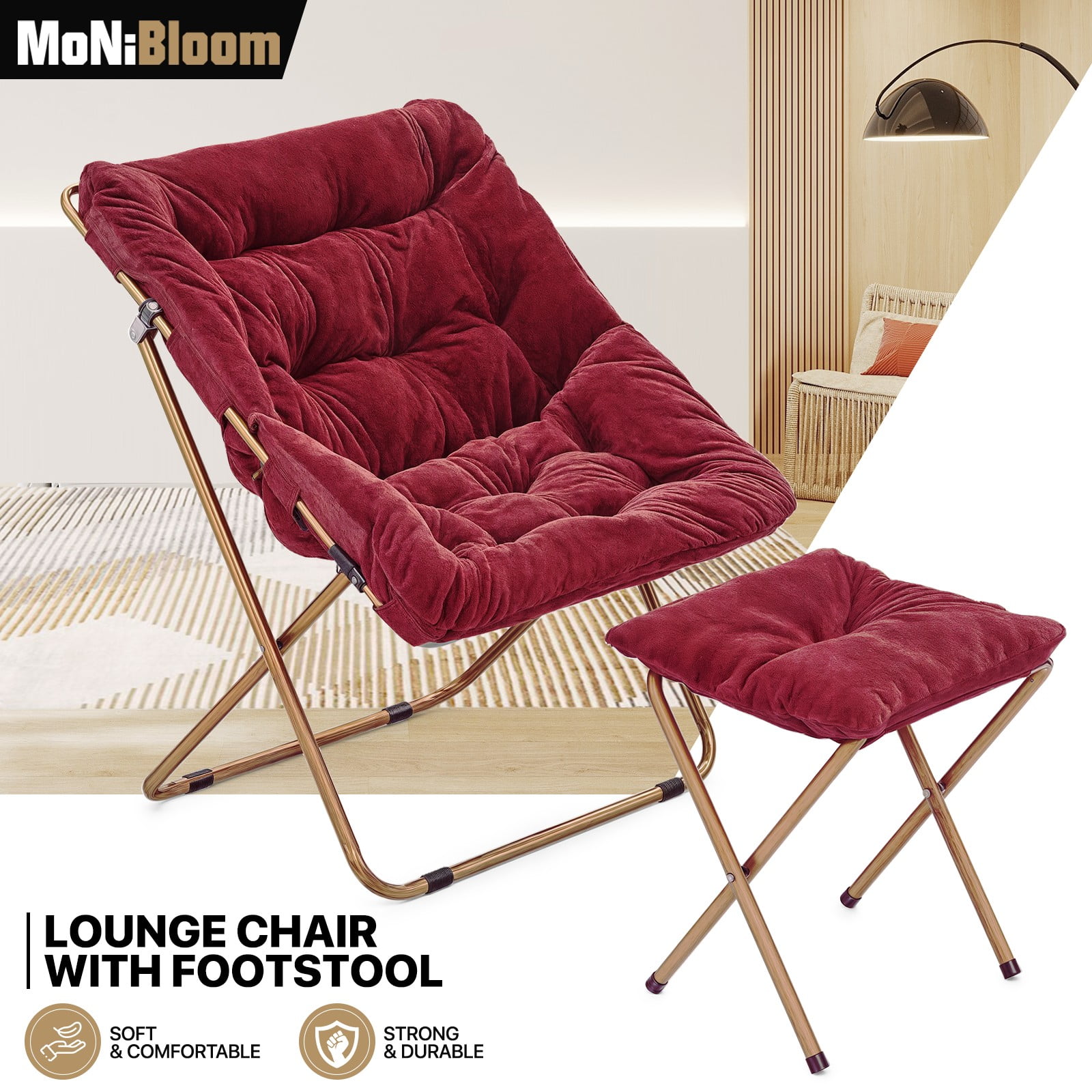 MoNiBloom Folding Cozy Chair with Footrest, Faux Fur Saucer Chair with Ottoman for Bedroom, Foldable Lounge Chair and Foot Stool Set, 300lbs Capacity, Red