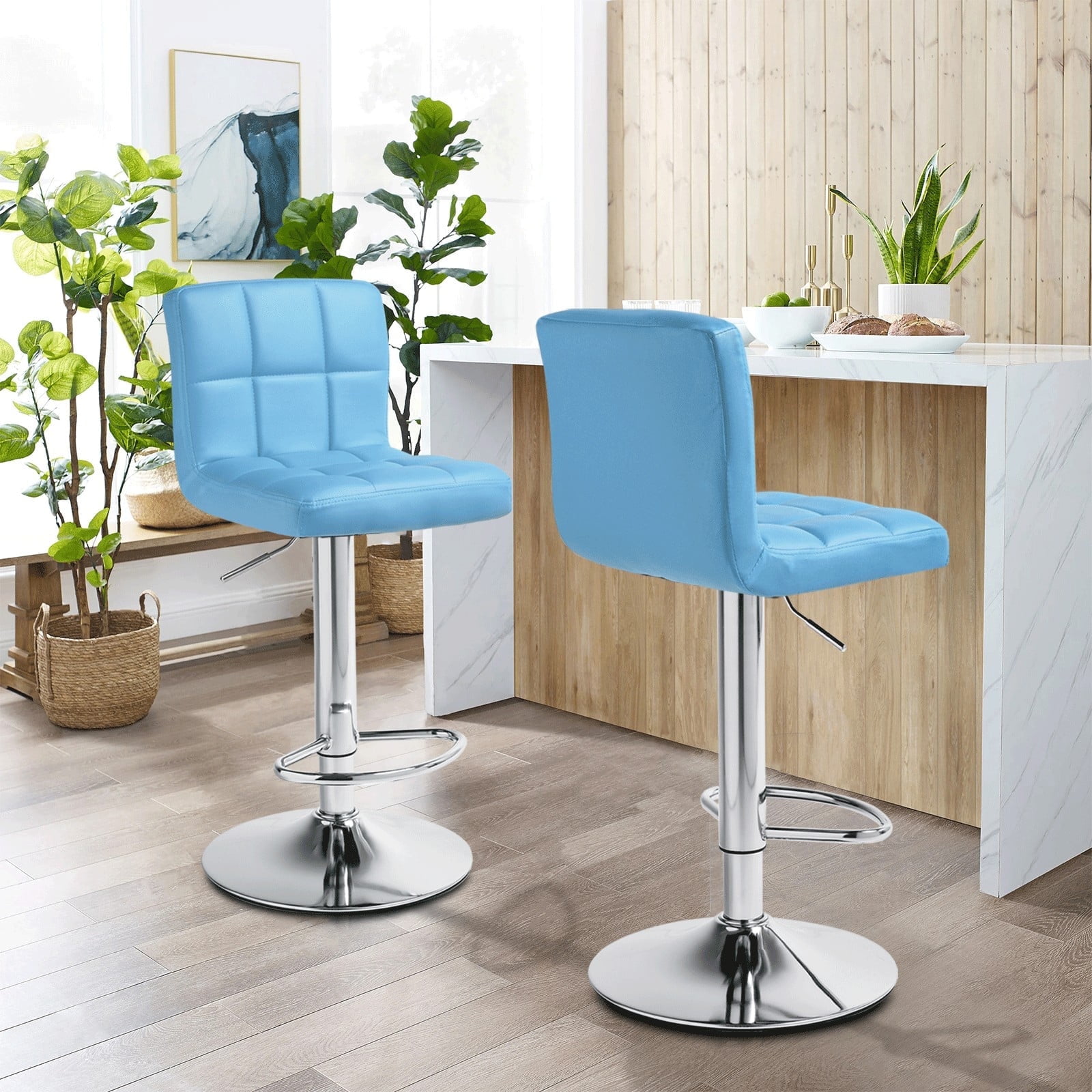 MoNiBloom Square Swivel Bar Stool Lift Pub Chair, Counter Height Chair Faux Leather with Backrest for Kitchen, Blue