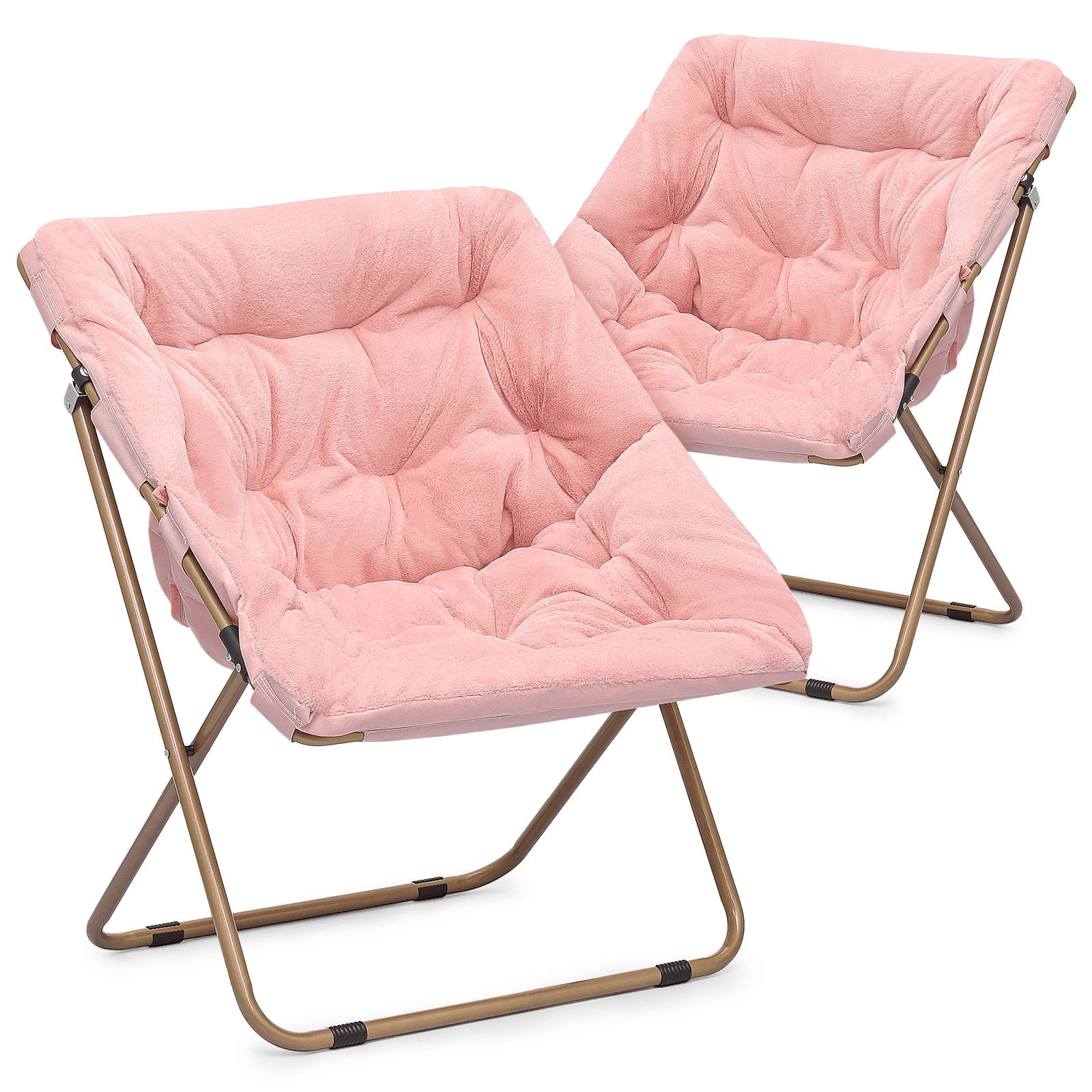 MoNiBloom Folding Saucer Chair Set of 2, Oversized Faux Fur Lounge Reading Seat with Thick Padded Metal Frame, for Bedroom Living Room, Pink