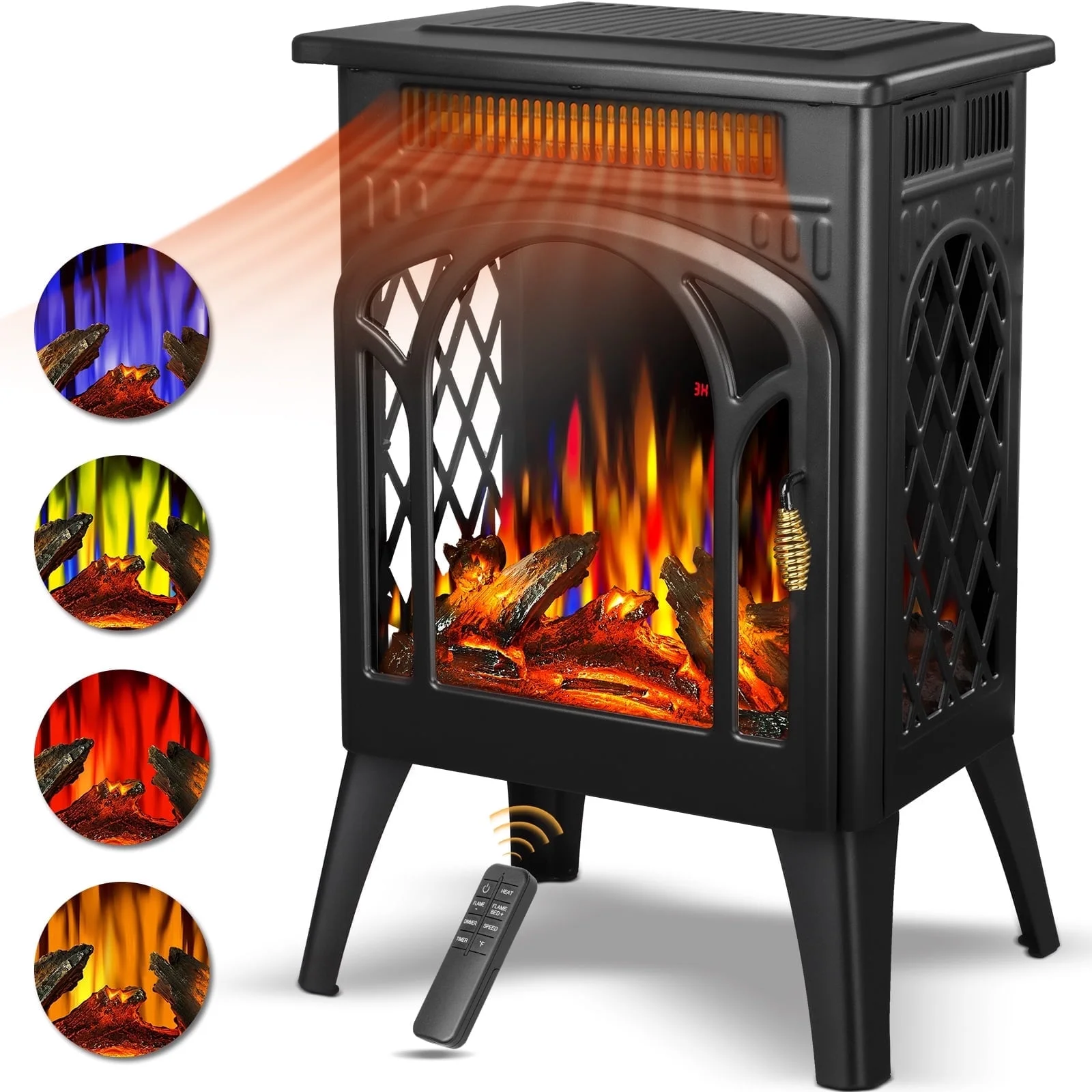 Moifoi 24‘’Compact Electric Fireplace Heater,Freestanding Heating Stove, Quartz Stove Heater with Adjustable Flame Colors，Blcak