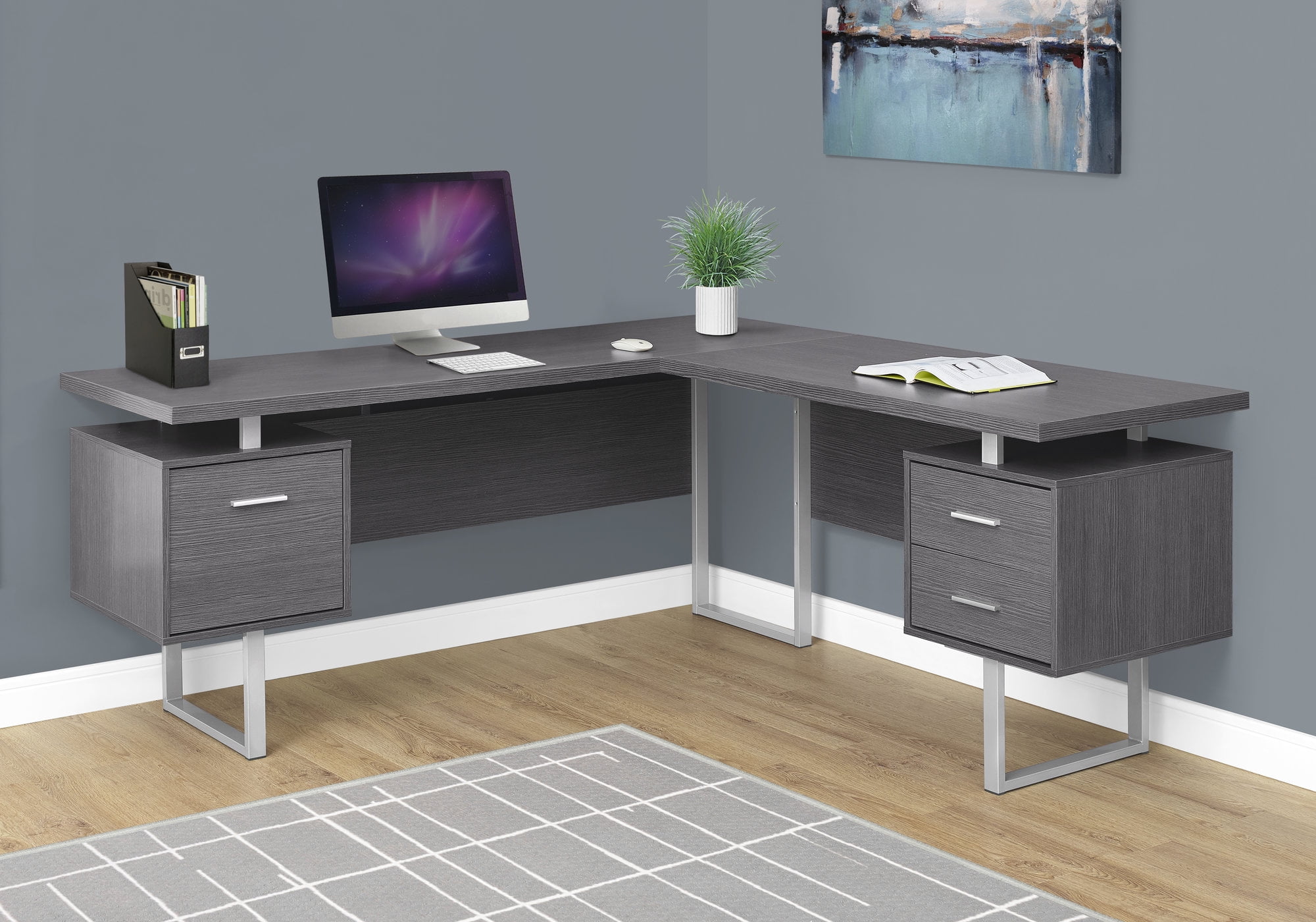 Computer Desk - L-Shaped / Corner / 3 Drawers / Metal Legs / Reversible - 71"L X 71"W - Grey / Silver