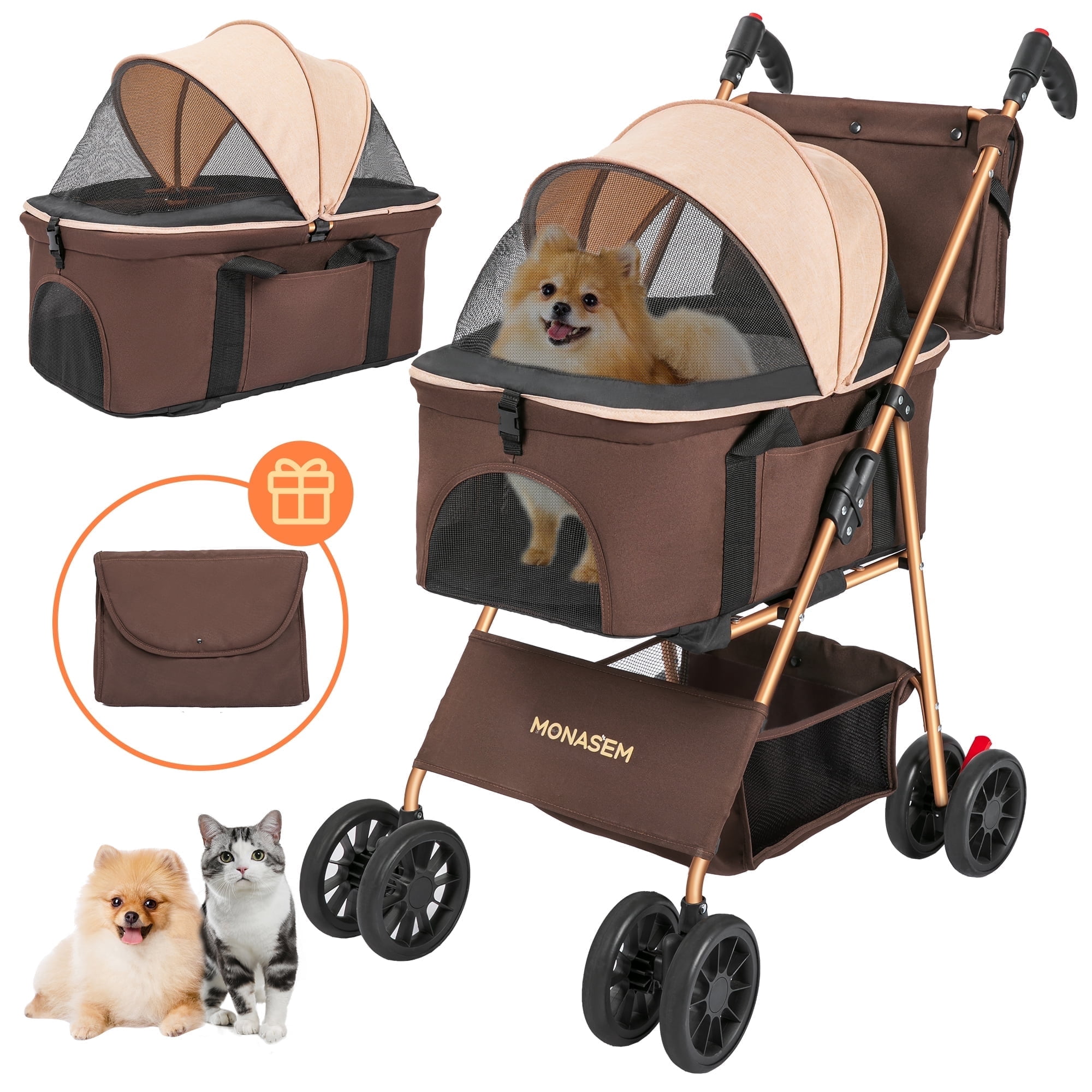Monasem 3 in 1 Pet Stroller 4 Wheels Foldable Cat Dog Stroller with Storage Basket and Canopy,Detachable Pets Carrier,up to 60lbs, Brown