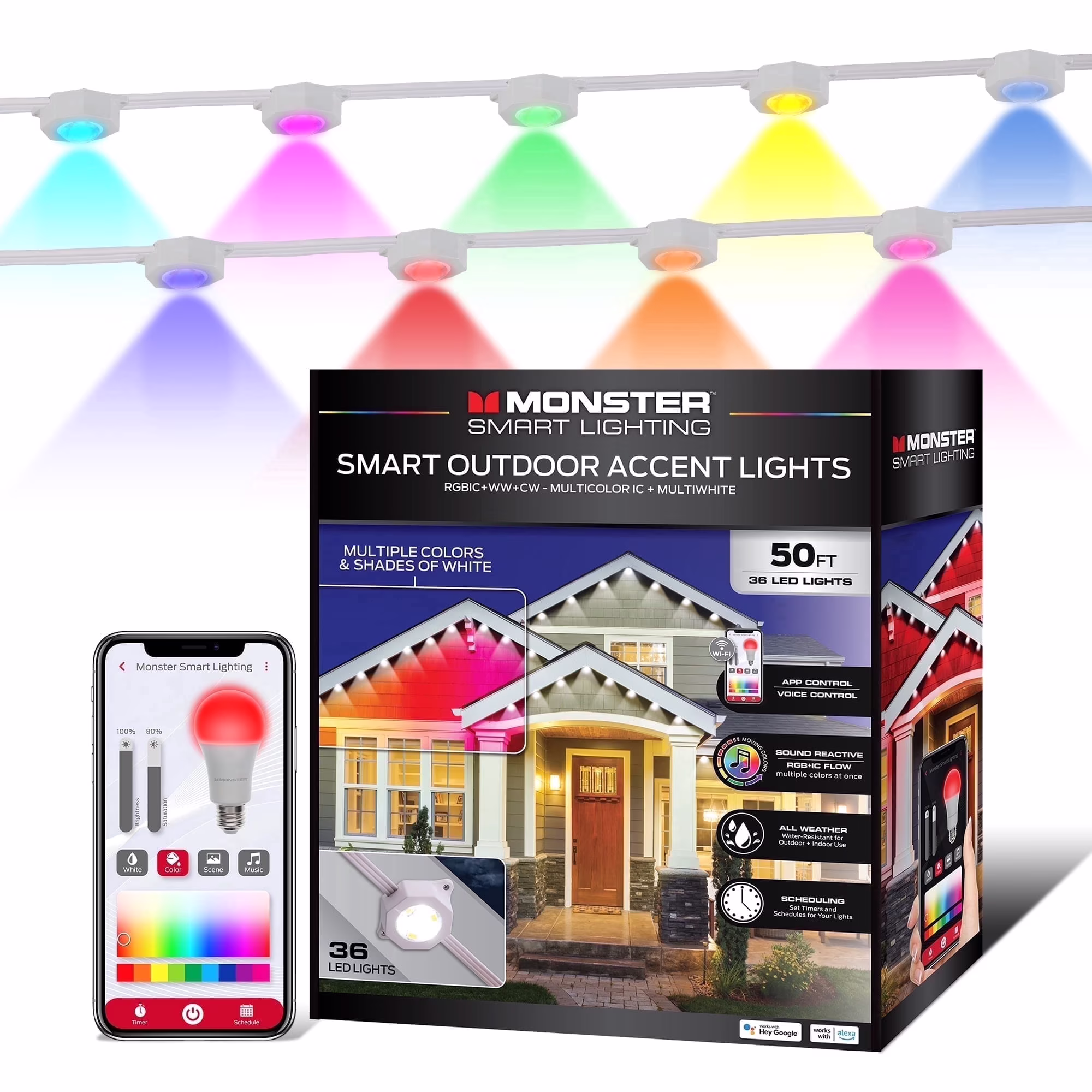 Monster 50 ft Permanent Outdoor Lights Smart, LEDs, Multi-White & Full Color, All-Weather Waterproof, App & Voice Control – Holiday & Year-Round Outdoor String Lighting