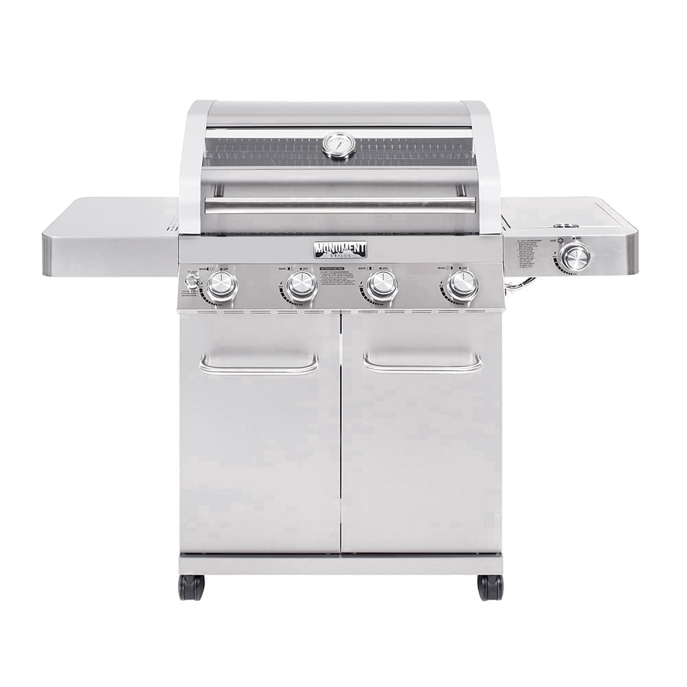 Monument Grills 4-Burner Propane Gas Grill with Stainless Steel Finish, Clear View Lid, LED Controls, Side Burner